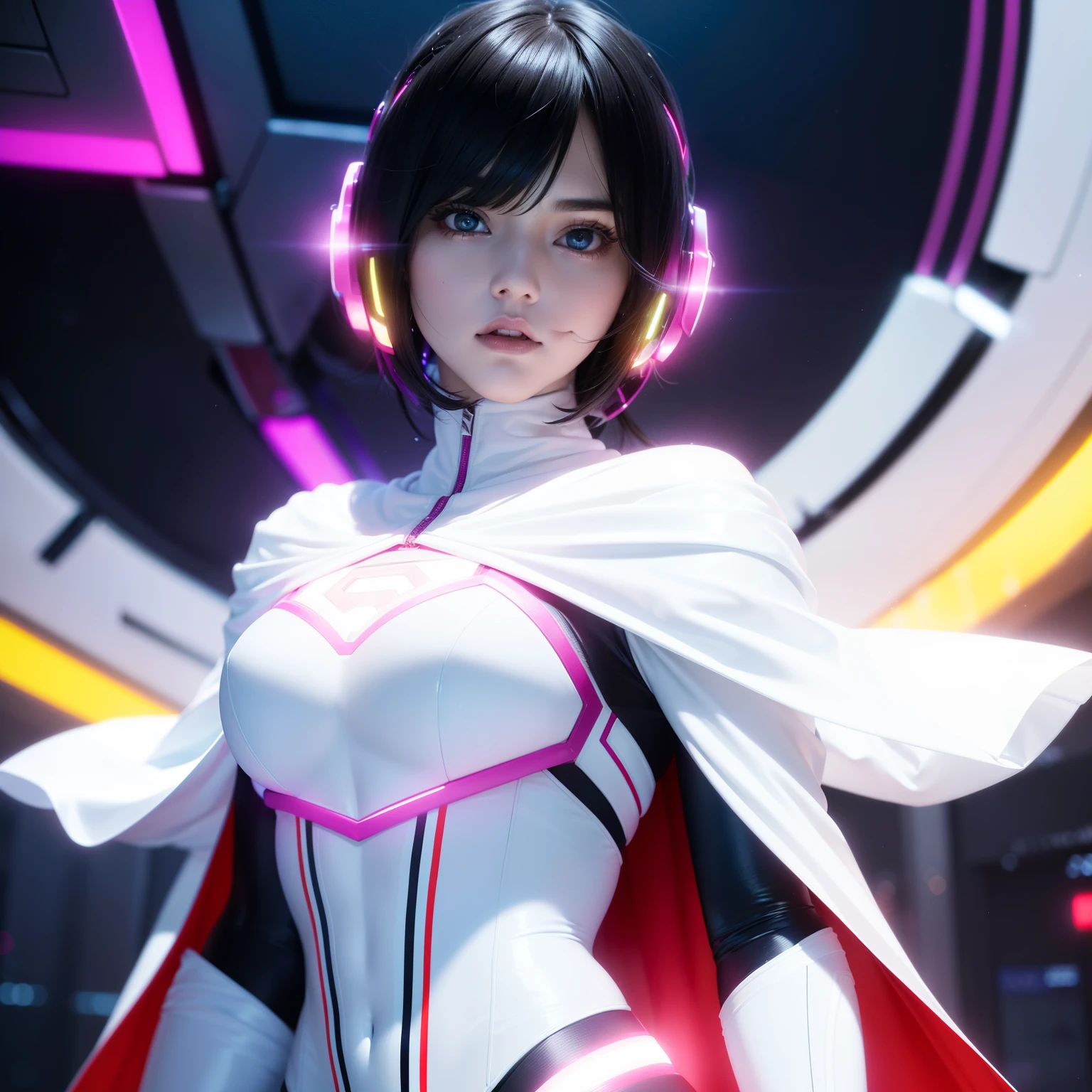 Bust to waist ((perfect face)) perfect skin, hyperrealistic masterpiece, Superheroine girl ((fringe glowing colorful)) in extremely complex & superdetailed tight plugsuit ((with white cape)), sharp focus, cinematic illumination: 8k, (((spacecore aesthetic style::1)))
