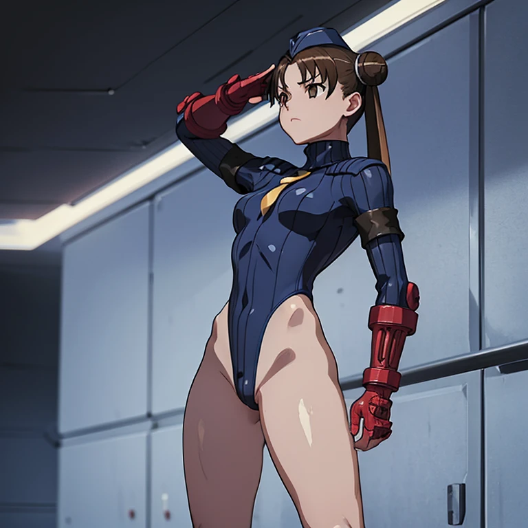 ultra-detailed, Explicit, Beautiful body, Beautiful Nose, Beautiful character design, perfect eyes, perfect face, ultra highres, 4K, beautiful legs, perfect legs, Nice hands, Perfect hand, Masterpiece, Best Quality, Highly detailed, illustration, absurdres, street fighter, doll suit, shadaloo doll, dollsuit, expressionless, blank eyes, looking at viewer, red gloves, emotionless, black latex, corrution, mind control, female combatant, full body, hypnotized, unhappy trance, full body suit, ribbed bodysuit, both arms at side, obey, perfect female body, extremely glossy latex, hypnosis, hypnoLora, empty eyes, Mind control device, poses, submissive_pose, Slave, hat, necktie, standing, standing up straight, Standing at attention, hat, yellow necktie, belt, latex, ribbed bodysuit, thighhighs, garter belt, Fighting Stance, nazi saluting, military, military saluting, salute, thigh boots, solo, blood on shirt, blood on hand, blood on clothes, blood on face, blood, blood on arm, blood on cheek, blood on leg, gun, holding gun, gun in hand, Stellvia of the Universe, Katase Shima, brown hair, twin tails, bun, brown eyes, space station background, space background