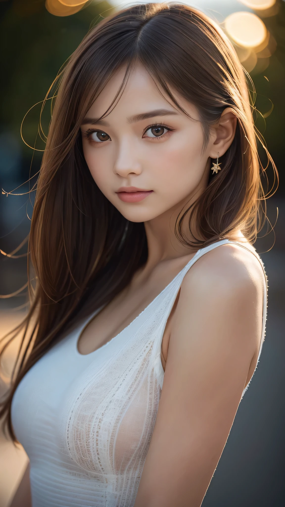 (High resolution, 4k, 8K, Super detailed:1.2), (surreal, realistic:1.37), (show), (detailed lighting), (very delicate and beautiful), one young girl, brown hair, brown eyes, model, bare shoulders and chest, (highest quality), Super detailed CG wallpaper in 8K, Bright colors, professional grade, ((Bokeh effect))), Depth of the bounds written, twilight, sunset.