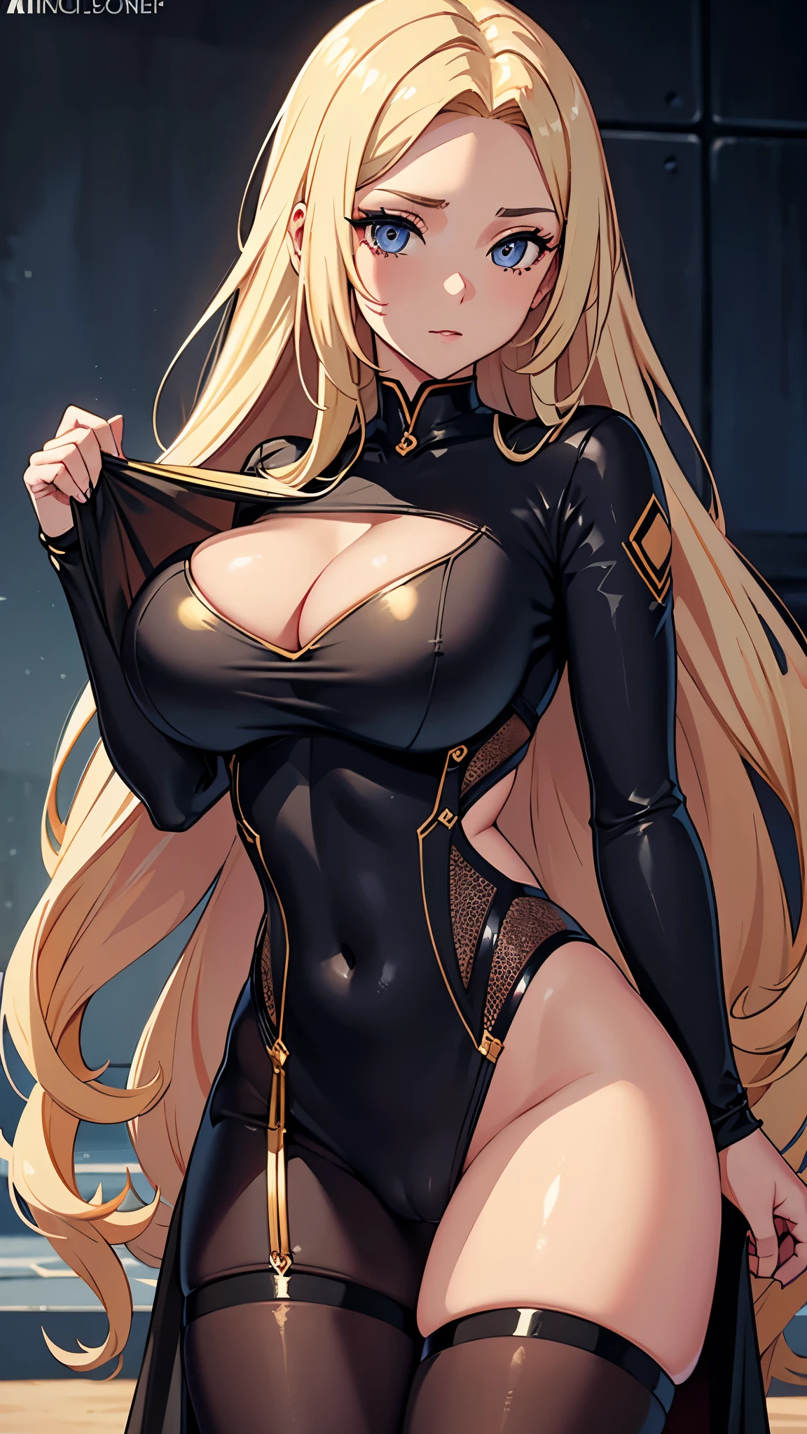 1girl, beautiful hair, long hair, best quality, (masterpiece:1.3), ultra detailed, detailed face, detailed skin, shiny skin, thick thighs, massive breasts, tight sexy clothes, detailed eyes, perfect face, pokies, curvy, camel toe, (choker:0.5),