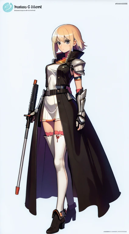 (((Best Quality))) , ((full body)), female, character design, solo, (white background), holding axe, gauntlets, waist armor, thigh high, side slit trench skirt, blue, orange, green, violet, brown, white, tactical vest, letard,