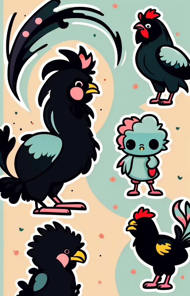 STYLE: kids illustration | SUBJECT: a playful prized black Rooster | AESTHETIC: super kawaii, bold outlines | COLOR PALETTE: pastel | IN THE STYLE OF: Sanrio