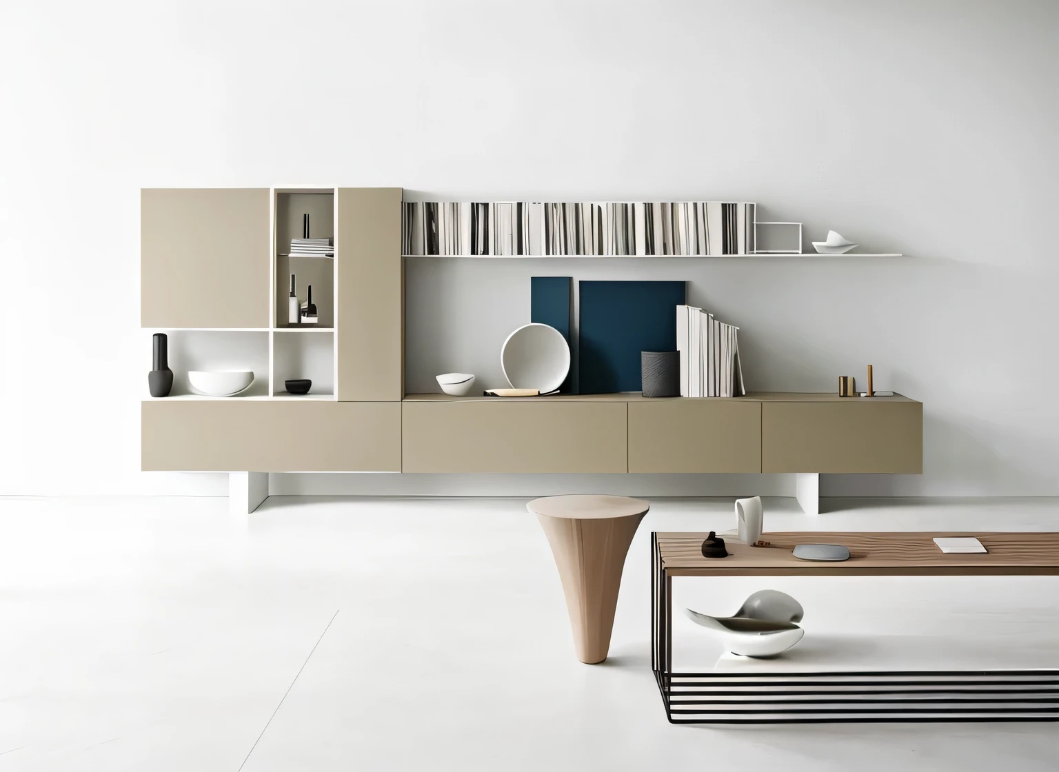 There is a white room，There are bookshelves and tables inside, designer furniture,  design, minimally modern,  furniture, Furniture design, elegant minimalism, Clear and smooth lines,  design, Stylish utopian design, Modern and 设计, Round and smooth shape, bang olufsen, Modern and , high gloss, Stylish and modern atmosphere, Headquarters&quot;