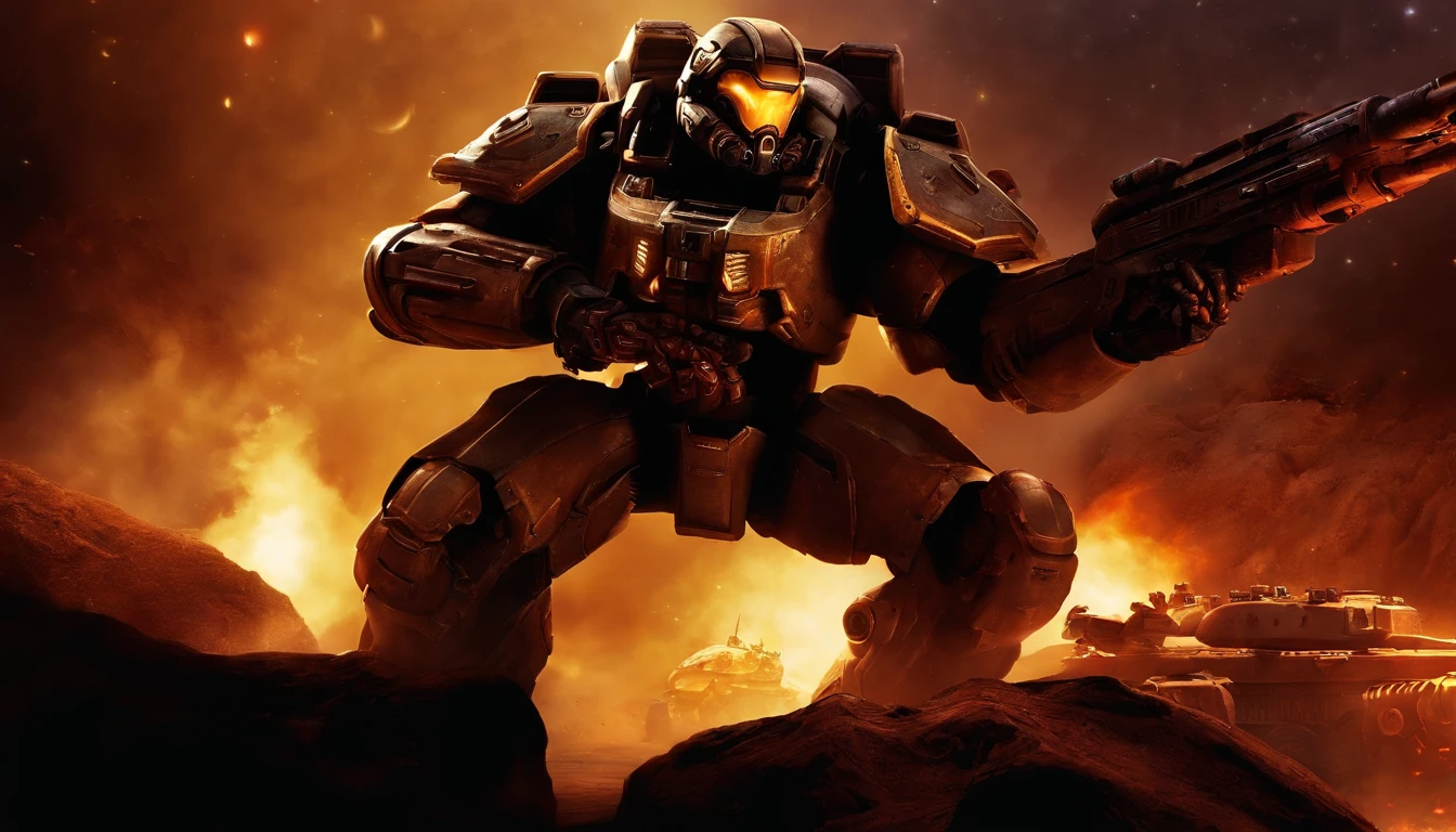 StarCraft 2 Jim Raynor in marine suit with (opened visor), very angry face, holding the C-14 rifle in hand, with his other hand he makes a gesture inviting you to follow him, ((bodies of dead zerlings around)), ((firing siege tank behind)), dark red night sky, stars, fire