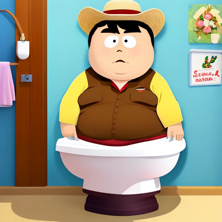 Dr Mephesto sit on Toilet in Bathroom, Light skin, fat man, bandana cap on Light Brown Straw Hat, Long sleeve Hawaiian shirt, Brown Pants, South Park Style, Artist: Kim Sujeong 