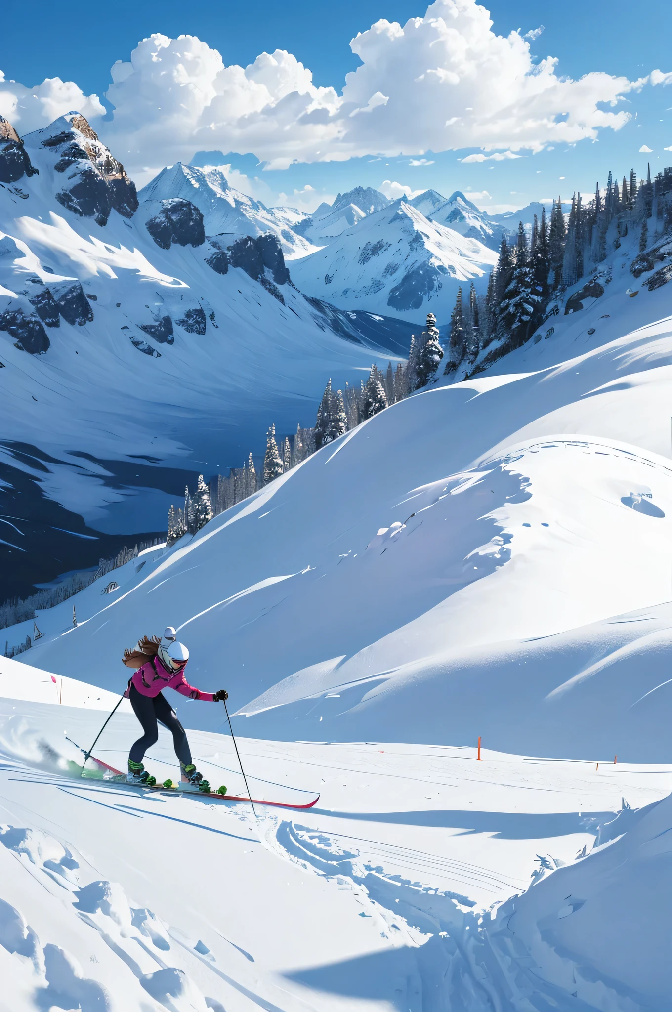 Girl skiing in the mountains under the sky,A snowman was built nearby