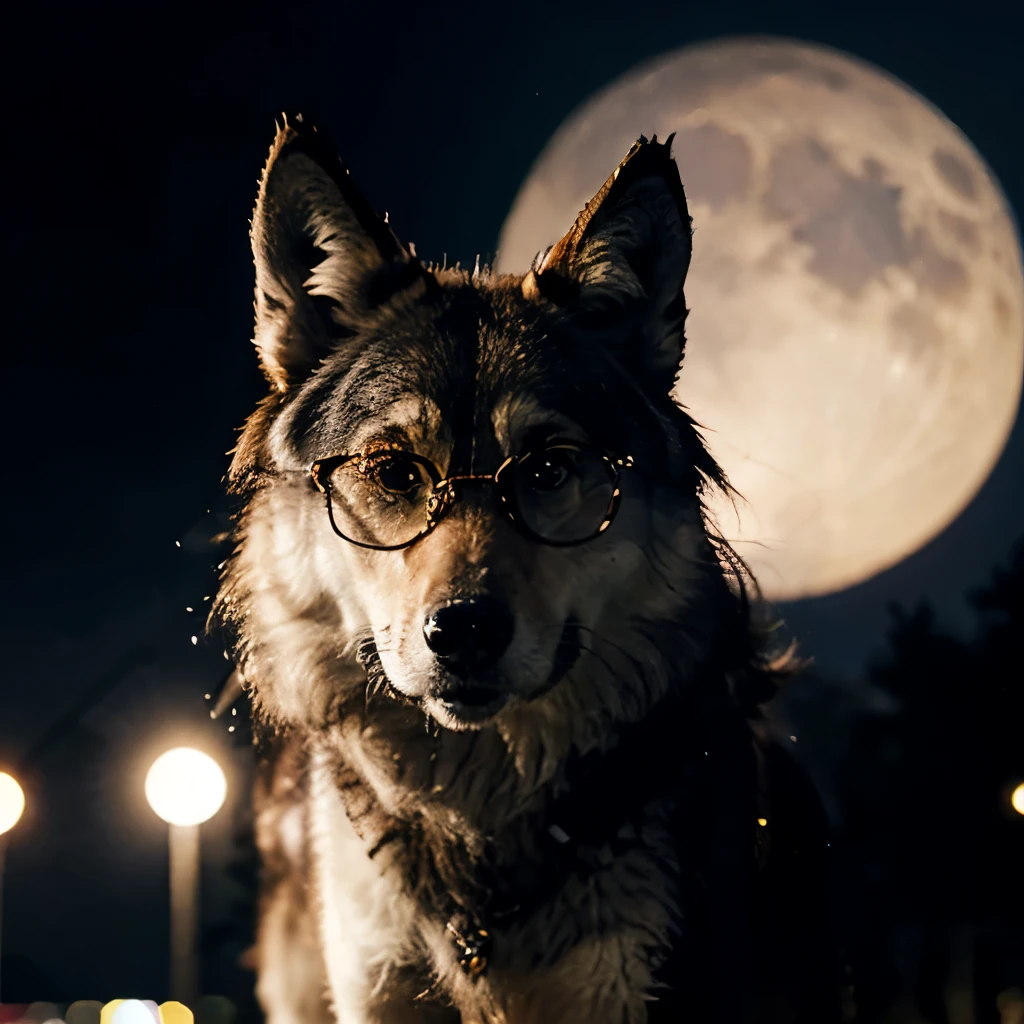 Wolf cartoon in moon light wearing rayban glasses