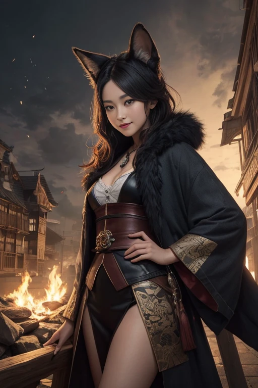 1girl,solo, happy smiling official art, unity 8k wallpaper, ultra detailed, beautiful and aesthetic, beautiful, masterpiece, best quality, Kitsune witch, fox mask, haori jacket, foxfire spell, fox familiar, transformation,depth of field,