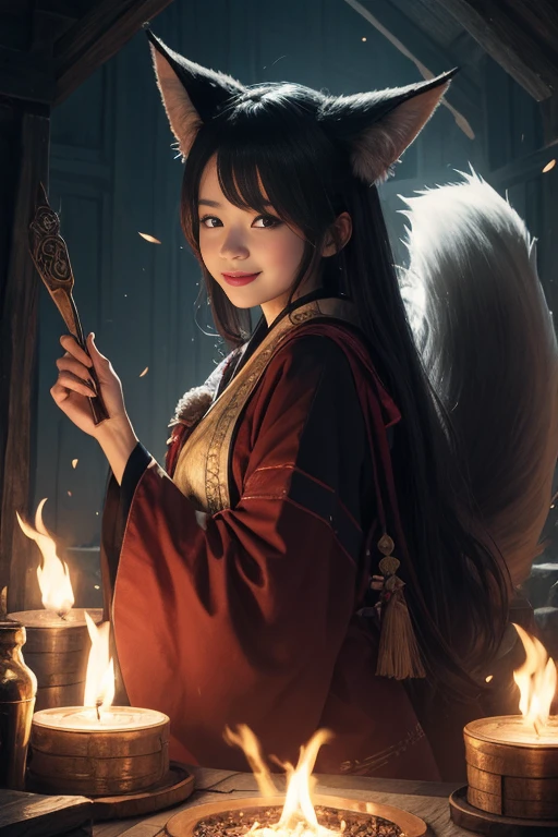 1girl,solo, happy smiling official art, unity 8k wallpaper, ultra detailed, beautiful and aesthetic, beautiful, masterpiece, best quality, Kitsune witch, fox mask, haori jacket, foxfire spell, fox familiar, transformation,depth of field,