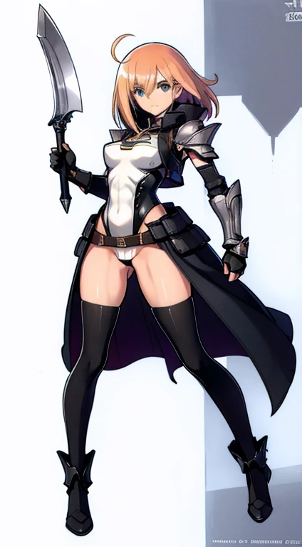 (((Best Quality))) , ((full body)), female, fantasy character design, solo, (white background), holding axe, gauntlets, waist armor, thigh high, side slit trench skirt, blue, orange, green, violet, brown, white, tactical vest, leotard,