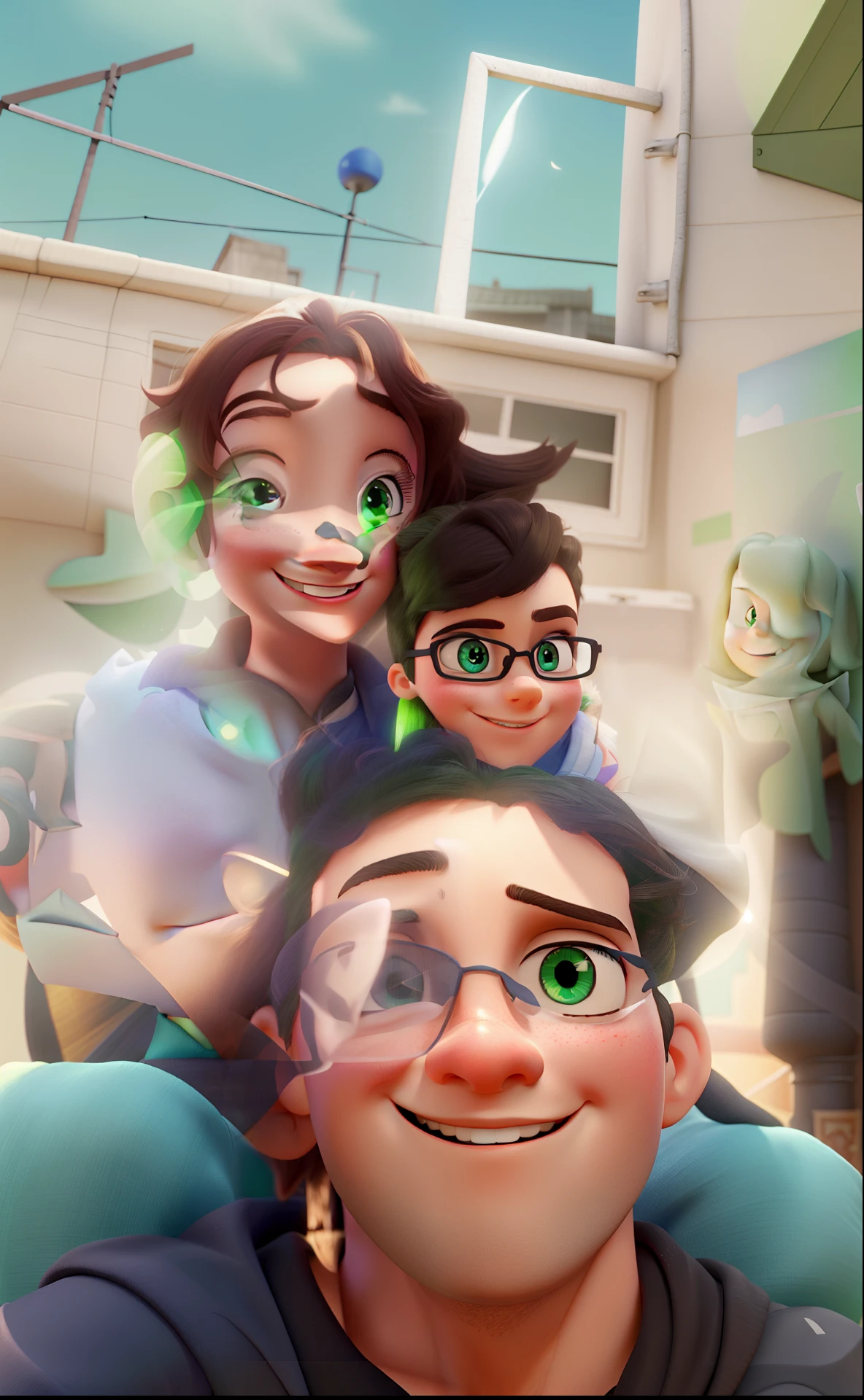 Estilo PixUmr: A young woman with green eyes is holding a month of eyes and a smiling boy,3D Poster,Disney com vibrantes