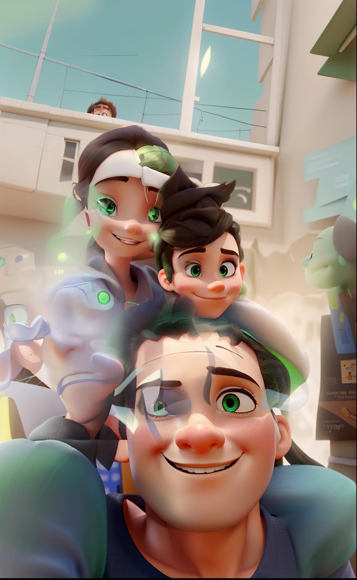 Estilo PixUmr: A young woman with green eyes is holding a month of eyes and a smiling boy,3D Poster,Disney com vibrantes