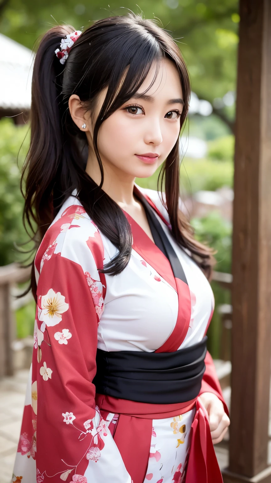beautiful young woman. with black eyes、Features smooth black hair that reaches to the shoulders. hair is in a ponytail, Tie the top with a small red ribbon. He has a kind expression and a warm smile.. Make your eyes and expression cool. The eyes are dangling eyes. She is dressed in a traditional Japanese kimono featuring a red and white color scheme. small breasts. The background image is a Japanese landscape with a shrine.. new year.New Year. The background image is a Chinese landscape with a shrine.