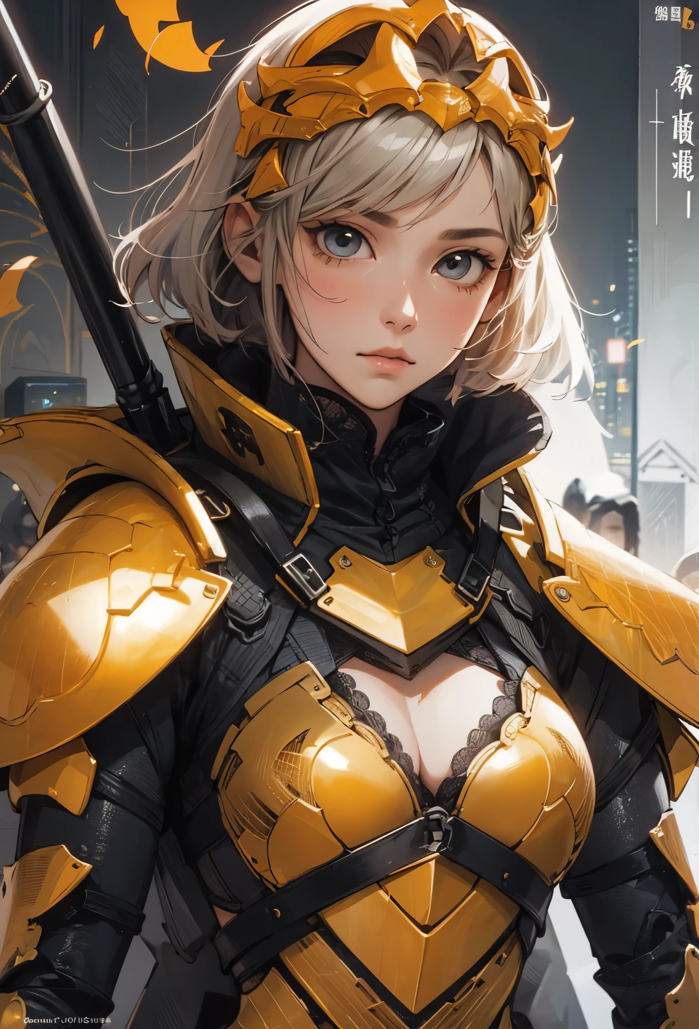 (Detailed illustrations,Very detailed and detailed drawing,Delicate lines with slow and rapid,Realistic texture expression),[Color tressed main line],[Shinjuku background at night],(ANIME) (NINJAGirl (beautiful) 15 years old) muscular [slim body] short bob cut,([hornet] Orange Ninja Battle Armor) scarf [stall] ((Fitting rubber inner) [honeycomb] [edg]) hair ornaments (Dull metallic luster:0.8),gravure [KUNOICHI],[high contrast:0.6],(複雑でbeautiful装飾 [Dense detail]),(きめ細やかでbeautiful肌表現 [transparency]),[完璧な目のdetailed (Iris beautifully drawn in every detail)[Jewel-like eyes]],[長くてbeautiful睫毛],[Meticulously drawn hair [美しく艷やかな髪のdetailed]],(完璧な手のdetailed [Fingers without breakdown [Beautiful nails]]),(Perfect Anatomy(Perfectly proportioned))[[full body portrait]],[[Design built to the highest level]][Ideal color coordination(Accurate simulation of light-material interactions)],([Precision Detail](detailed,High definition)),[Visual art that conveys a sense of narrative].