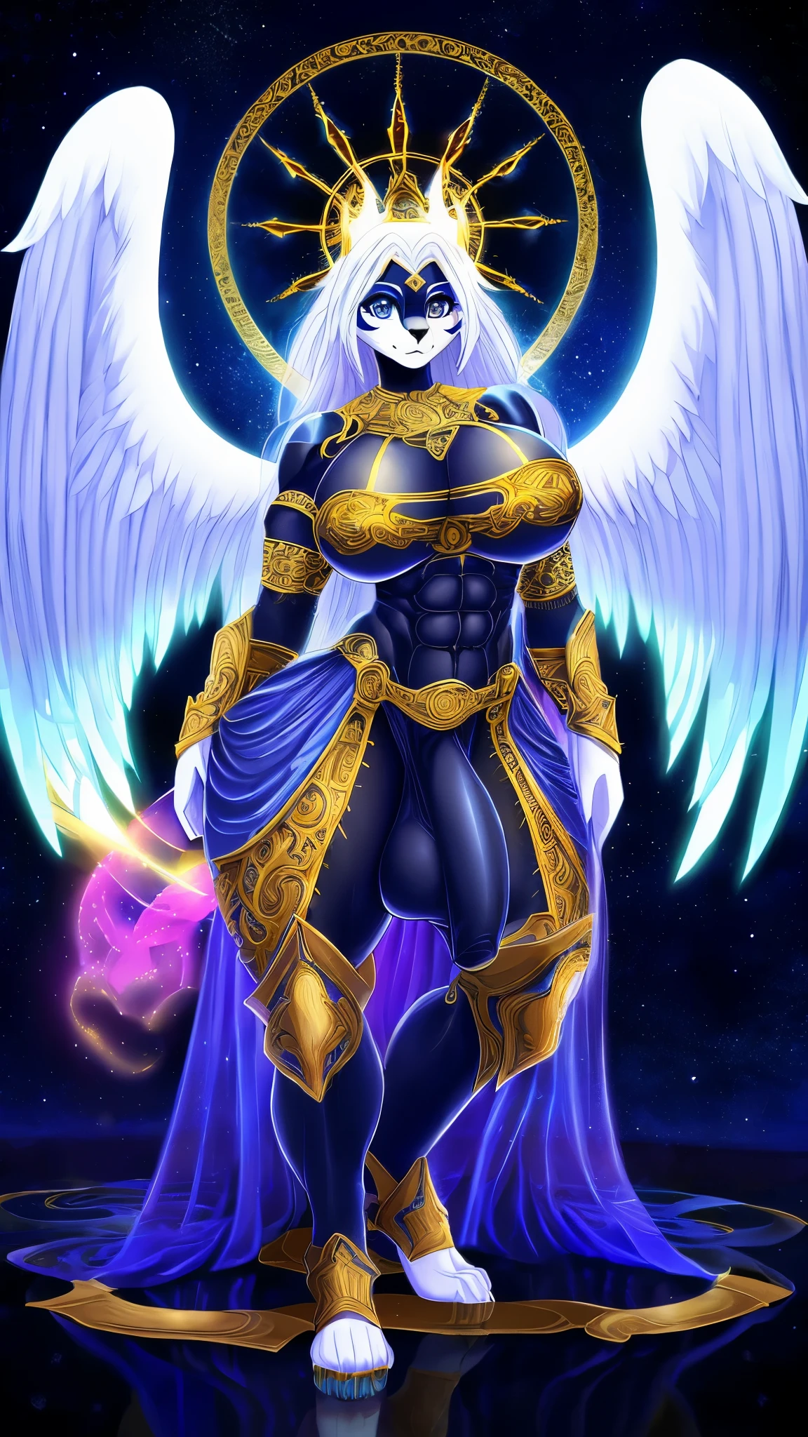 4k, High Resolution, Masterpiece, Best Quality, The World's Best Picture Quality Of Ultra-8k, Digital Drawings Photorealistic Drawing, [:( Facial Details: 1.2:0.2], Anthro, Gleaming Armor, Ornate Engravings, Elaborate Patterns, Angelic Halo Emanating Soft Light, Glowing Cosmic Halo Surrounding The Goddess, Serene Expression With Radiant Eyes, Long-flowing Hair Cascading Down, Delicate Features On The Goddess' Face,(Beautiful Goddess), (Big Muscles), (Solo), Muscular Arms, (Big Penis), (Large Penis), (Massive Penis), (Saggy Balls), (Big Boobs), (Massive Boobs), (Erect Nipples), (Abs), (Muscular Thighs), (Thick Thighs), (Wide Hips), (Muscular Legs), (Tall Figure), (Colorful Outfit), (Wings: 1.4), Divine Clothing, Engraving, Detailed Filigree, Intricate Patterns, Shimmering Light, Ethereal Beauty, Adorned With Gemstones, Heavenly Craftsmanship, Angelic Wings, Celestial Symbols, Radiating Power, Otherworldly Protection, Divine Aura, Majestic Presence, Regal And Awe-inspiring, Enchanting And Mesmerizing, Transcendent Splendor, Masterful Engravings, Divine Essence, Opulent And Resplendent, Intricate And Exquisite, Unparalleled Craftsmanship, Ethereal And Supernatural, Shimmering And Luminescent, Intricate Detailing, Celestial Engravings, Magnificent And Grand, Divine Radiance, Sacred And Majestic, Intricate Motifs, Celestial Glow, Heavenly Brilliance, Intricate Metallic Carvings, Celestial Elegance, Heavenly Luminescence, Divine Opulence, Enchanting Ornamentations, Cosmic Halo, Angel Halo, Heavy Armor, Extreme Cosmic Storm Style, Full Body, Translucent And Reflective Skin.