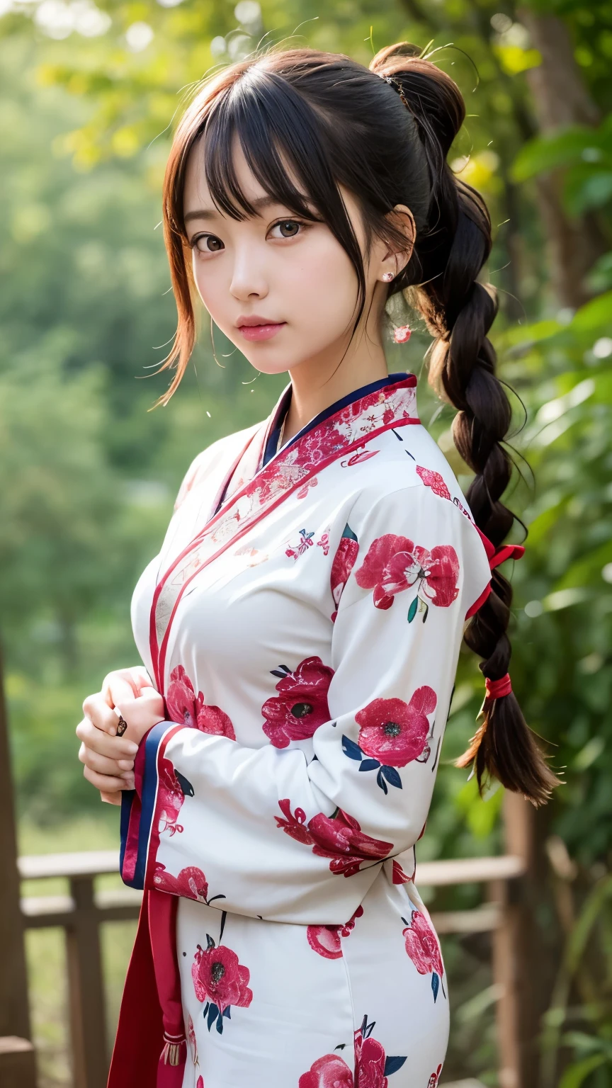 Please draw a situation where two people are standing next to each other.. The first one、A beautiful anime-style young female character. With deep orange eyes、Features smooth black hair that reaches to the shoulders. hair is in a ponytail, Tie the top with a small red ribbon. He has a kind expression and a warm smile.. Make your eyes and expression cool. The eyes are dangling eyes. She is dressed in a traditional Japanese kimono featuring a red and white color scheme. small breasts. The background image is a Japanese landscape with a shrine.. The second person is、is to create an anime girl character with dark green hair, Her bangs sliced straight across the top of her face.. her hair is divided into two long braids, Tie the ends with a hair tie decorated with red and blue beads. she is big, purple eyes and freckles on the face. She is wearing a traditional Chinese style cheongsam, in bright green. her expression is calm, and、She wears a small blue ribbon near her ears.. view is all bodies. The season is autumn. The background image is a Chinese landscape with a shrine.