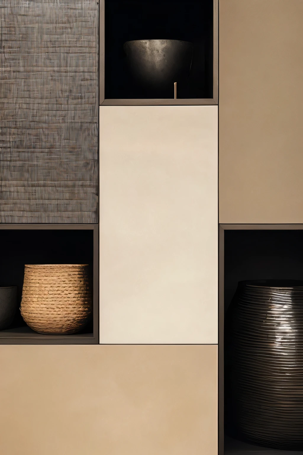 There are many different types of vases on the shelf, Morandi color scheme, Mixed material, 4K details, 4k details, Middle close-up composition, sparse details, beige和深色的氛围, Graphic details, modern details, Sharp details, Detail texture, Close details, beige, Texture details, inspiration, fine Texture details, Depth of detail