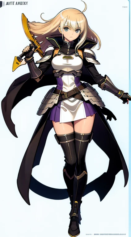 (((Best Quality))) , ((full body)), female, character design, solo, (white background), holding axe, gauntlets, waist armor, thigh high, side slit trench skirt, blue, orange, green, violet, brown, white, tactical vest, fantasy,