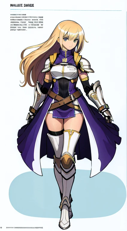 (((Best Quality))) , ((full body)), female, character design, solo, (white background), holding axe, gauntlets, waist armor, thigh high, side slit trench skirt, blue, orange, green, violet, brown, white, tactical vest, fantasy,