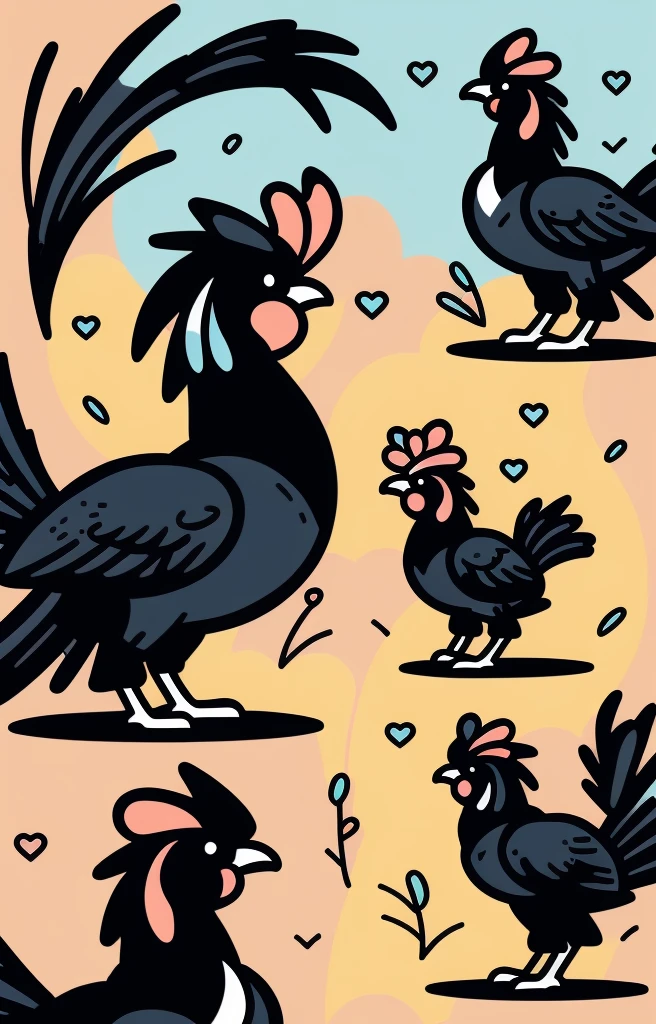 STYLE: kids illustration | SUBJECT: a playful prized black Rooster | AESTHETIC: super kawaii, bold outlines | COLOR PALETTE: pastel | IN THE STYLE OF: Sanrio