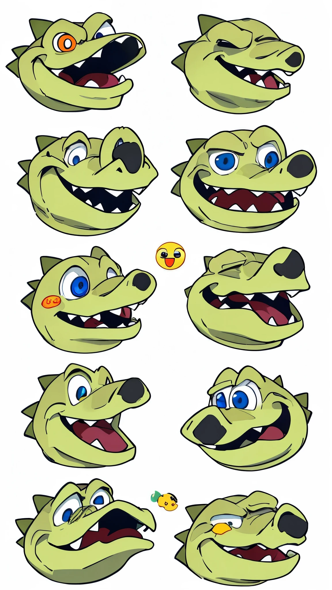 Little crocodile, the various expressions, and emoji as illustration sets and expressiondifferent emotions, multiple poss and expressions, emoji pack,happy, angry, sad,cry, cute, expecting,anthropomorphic style, Disney style, sticker art design, bold outline, dark white background, flat colors, 8k