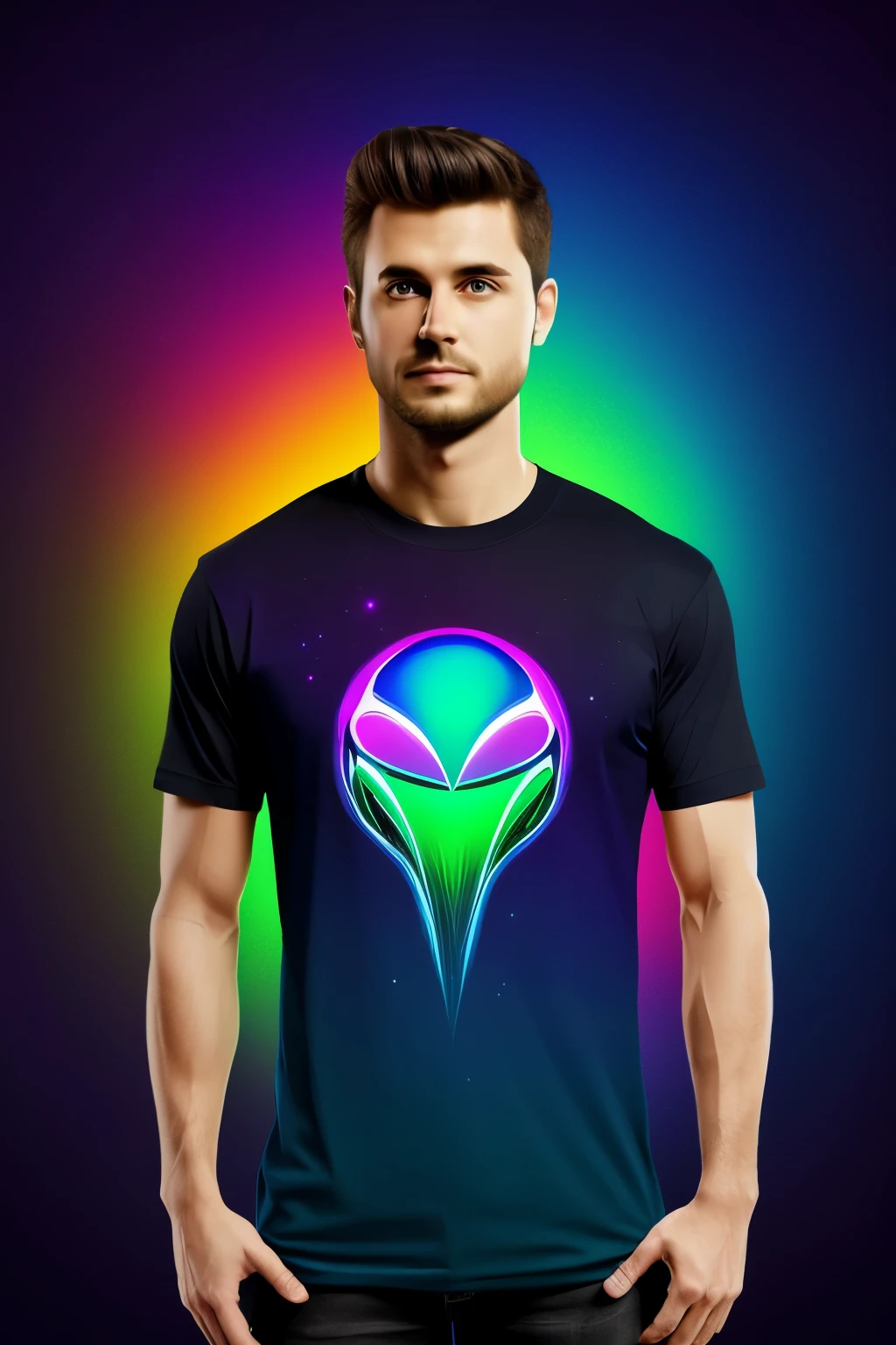 A Alien,T-Shirt Art vector 2 D Ilustration, dark background, very colorful,modern colorful gradient, front view, hyperdetaled
