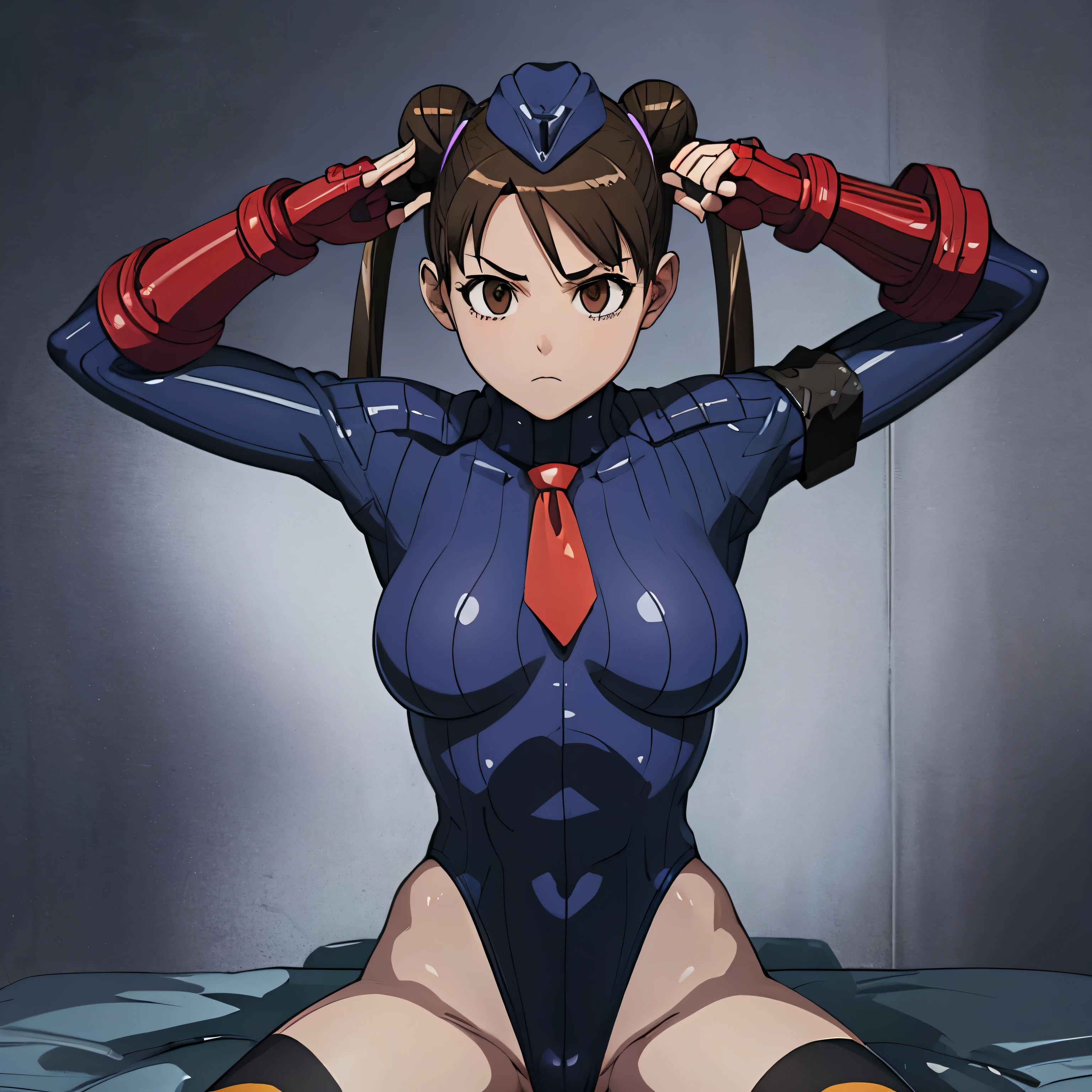 ultra-detailed, Explicit, Beautiful body, Beautiful Nose, Beautiful character design, perfect eyes, perfect face, ultra highres, 4K, beautiful legs, perfect legs, Nice hands, Perfect hand, Masterpiece, Best Quality, Highly detailed, illustration, absurdres, street fighter, doll suit, shadaloo doll, dollsuit, expressionless, blank eyes, looking at viewer, red gloves, emotionless, black latex, corrution, mind control, female combatant, full body, hypnotized, unhappy trance, full body suit, ribbed bodysuit, both arms at side, obey, perfect female body, extremely glossy latex, hypnosis, hypnoLora, empty eyes, Mind control device, poses, submissive_pose, Slave, hat, necktie, lying down, lying down at attention, hat, necktie, belt, latex, ribbed bodysuit, thighhighs, garter belt, Fighting Stance, nazi saluting, military, military saluting, salute, thigh boots, solo, blood on shirt, blood on hand, blood on clothes, blood on face, blood, blood on arm, blood on cheek, blood on leg, gun, holding gun, gun in hand, Stellvia of the Universe, Katase Shima, brown hair, twin tails, bun, brown eyes