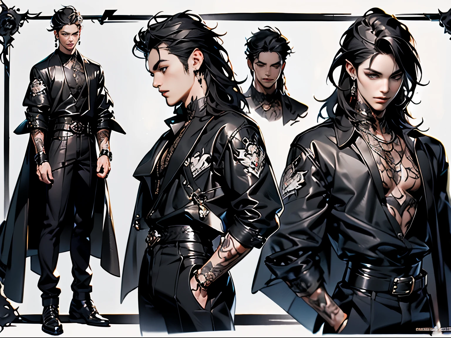 Character sheet 3 elements, full body, front and side view, handsome vampire boy, badass, 18 years old, black leather clothing, black hair, rock style, tattoos on chest and arms, perfect face