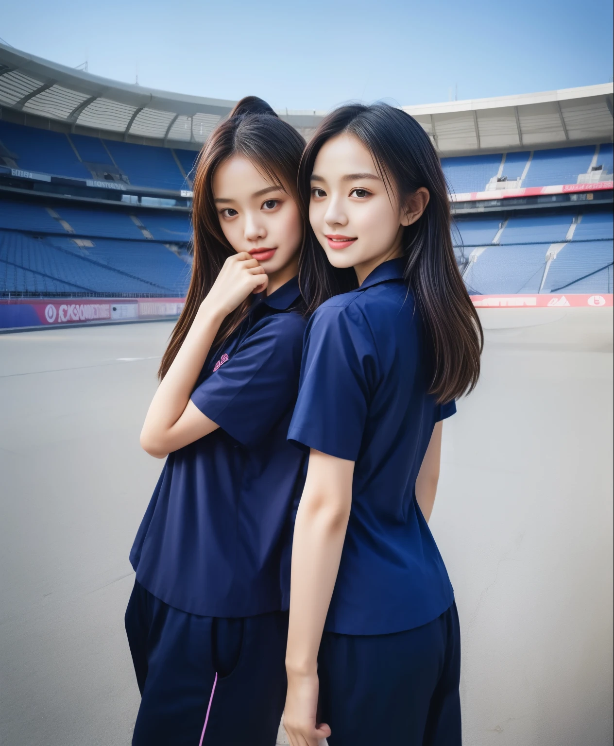 (best quality,10,10,height,Masterpiece:1.2),Special details,(realistic,ภาพrealistic,Realistic photos:1.37),1 cute girl on the football field,Shiny skin,only,smile softly,BDclothelue shirt:1.3)),short sleeve,shirt, trousers.,(navy_long_ติดตามtrousers:1.1), ((stadium background:1.3)),Dynamic angle,excited,Face focus,dynamic poses,from behind,focus ass,Masterpiece, best quality, ultra realistic, Too many details, 8k resolution, raw photos, Sharp focus, ((Navy blue shirt:1.1)), short sleeve, เส้นทางlong, perfect bodyแบบ, 2 mature women, 18, Cinema-grade lighting system,trousersวอร์มสีน้ําเงิน,exercise clothes,correct anatomy,perfect body, correct body, sharp face, correct bodyทางกายวิภาค, full body, realistic gestures, long-haired, realistic poses,Wear long shorts..............................,ช่วงขาlong,fit,carved girl, Slender figure, Model, fit, beautiful body,trousersวอร์มสีน้ําเงิน, two girls kissing