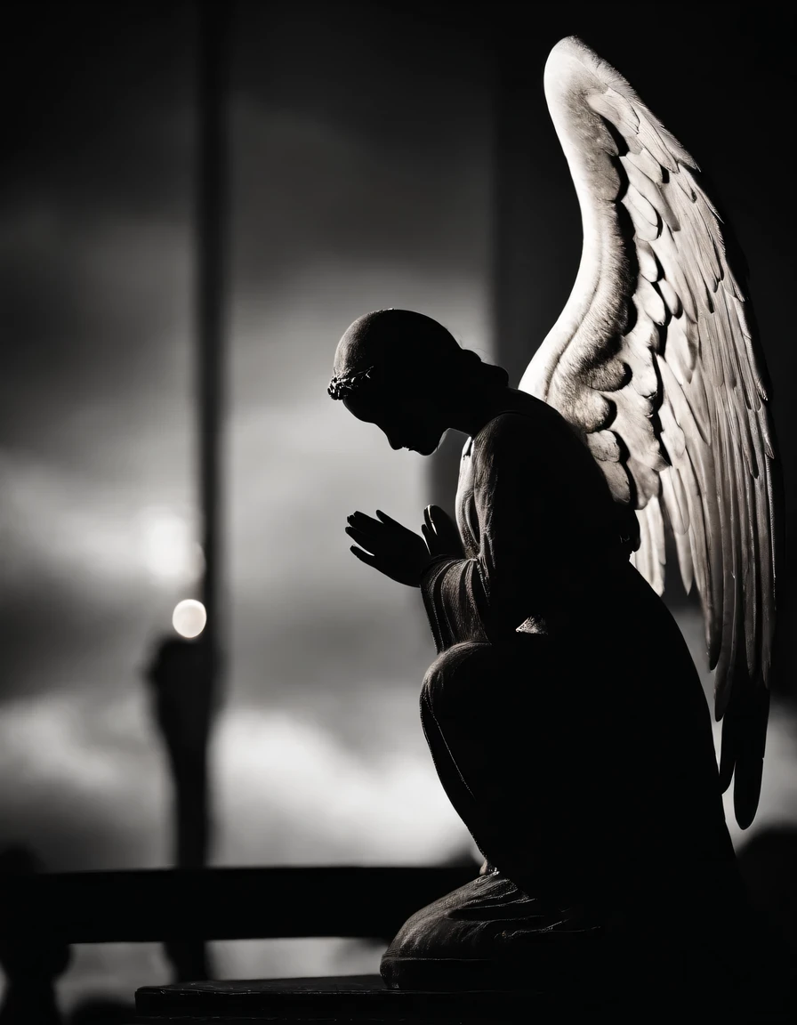 Silhouette of praying angel, large earth in background
