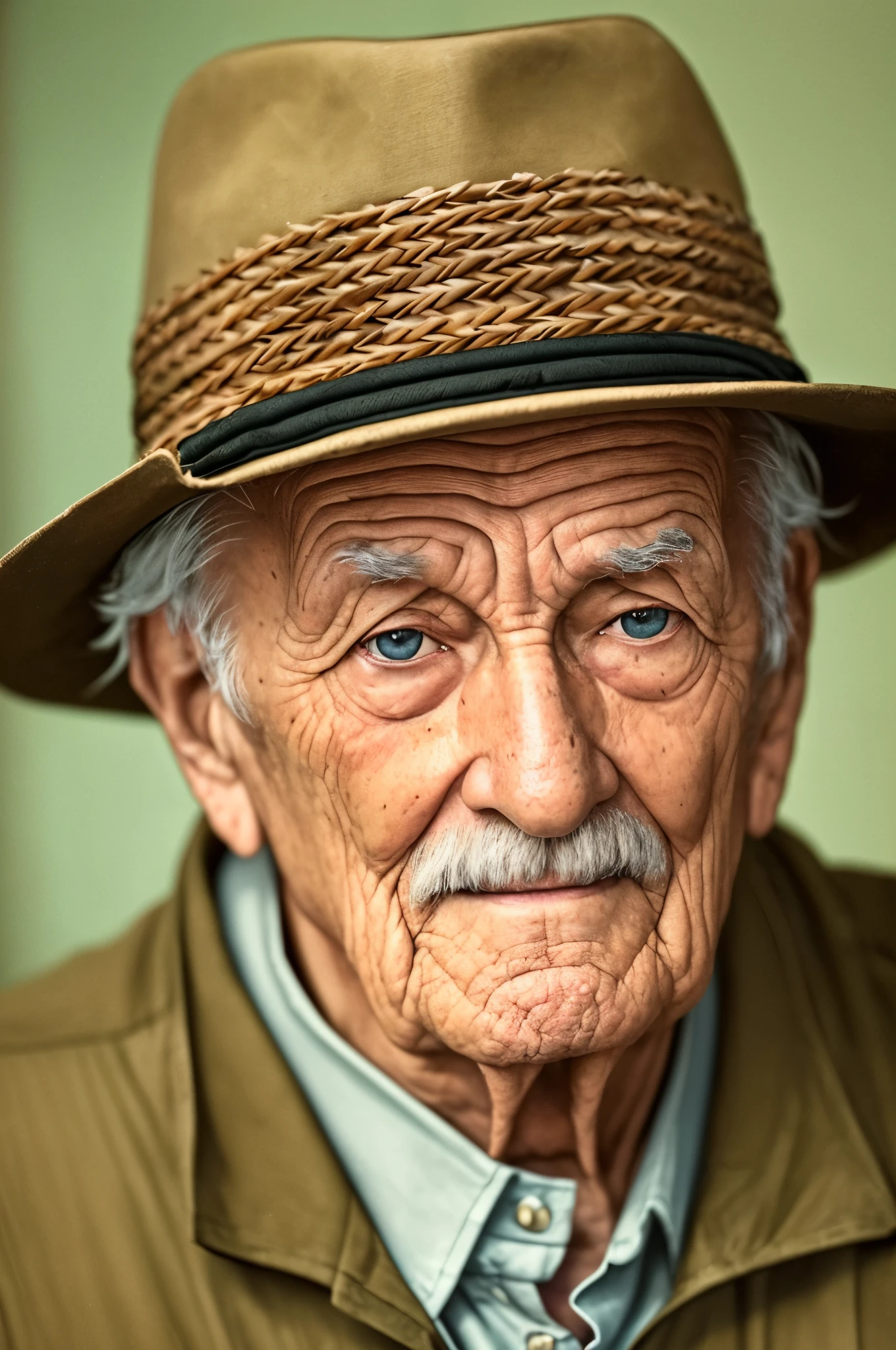 a portrait of an elderly man, possibly around 90 years old. His face is thin, almost skeletal, with deep wrinkles that dramatically convey his advanced age. Despite the weight of his years, his expression reflects contentment and gratitude, evident in his enduring smile. His eyes, weathered by life's hardships, tell a story of resilience. He wears a woven hat, some parts of it showing signs of wear and tear, symbolizing the journey he has traversed throughout his life. --auto --s2