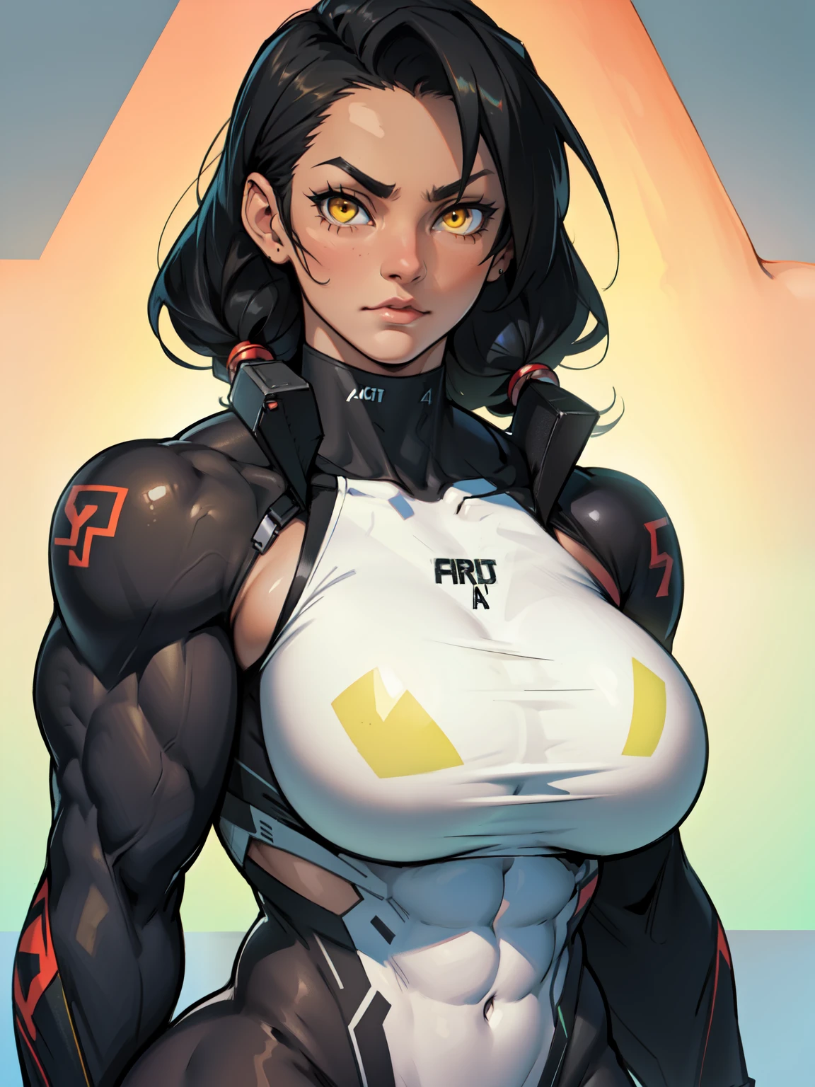 (((muscular girl toned body large breasts thick perfect anatomy))) yellow eyes black hair pale best quality