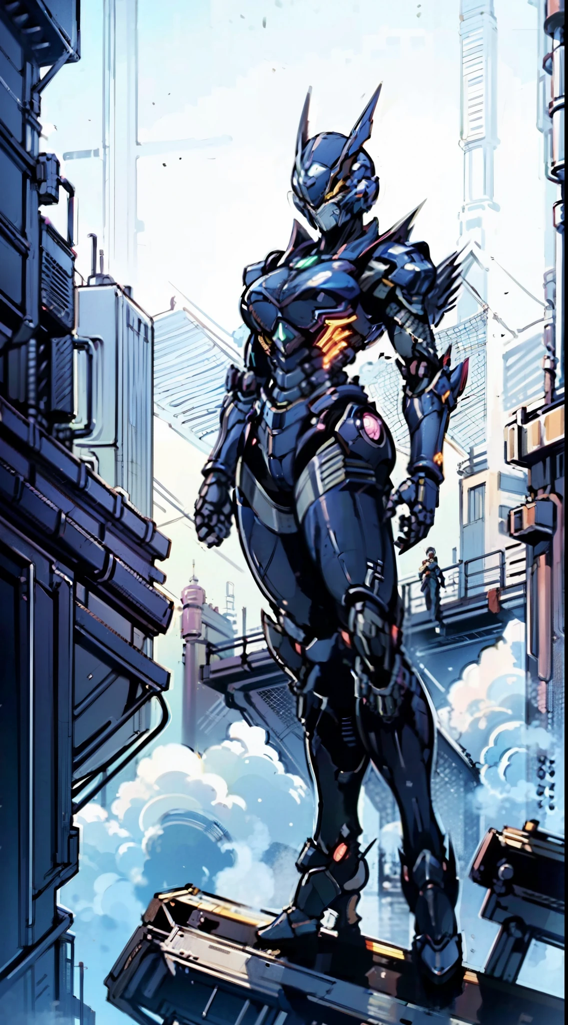 A super a high-tech biotech battle suit, standing on a rooftop, looking over the city, Japanese tokusatsu and American comic style, biometallic texture of the suit, sleek and shiny, dynamic, fast, natural light, cinematic, high quality, high resolution, high detail, sophisticated design, dramatic, high definition, ultra-detailed, ultra-fine painting, extremely delicate, creativity, Natural light, cinematic lighting, best shadow, masterpiece-anatomy-perfect