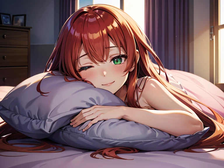 (Best quality), 1girl, Anime girl with long hair, Anime visuals of cute girls, Anime Best Girl, pretty anime girl, Seductive Anime Girl, charming anime girl, Cute anime girl, expressive face, Shining eyes, ((tired eyes)), ((looking at viewer)), red hair, green eyes, ((pajamaedroom, ((sleeping)), sleepy, lying down in bed, ((pillows)), blanket, comfy, resting, Gentle smile, Detailed face, night time
