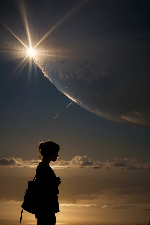 Silhouette of praying angel, large earth in background