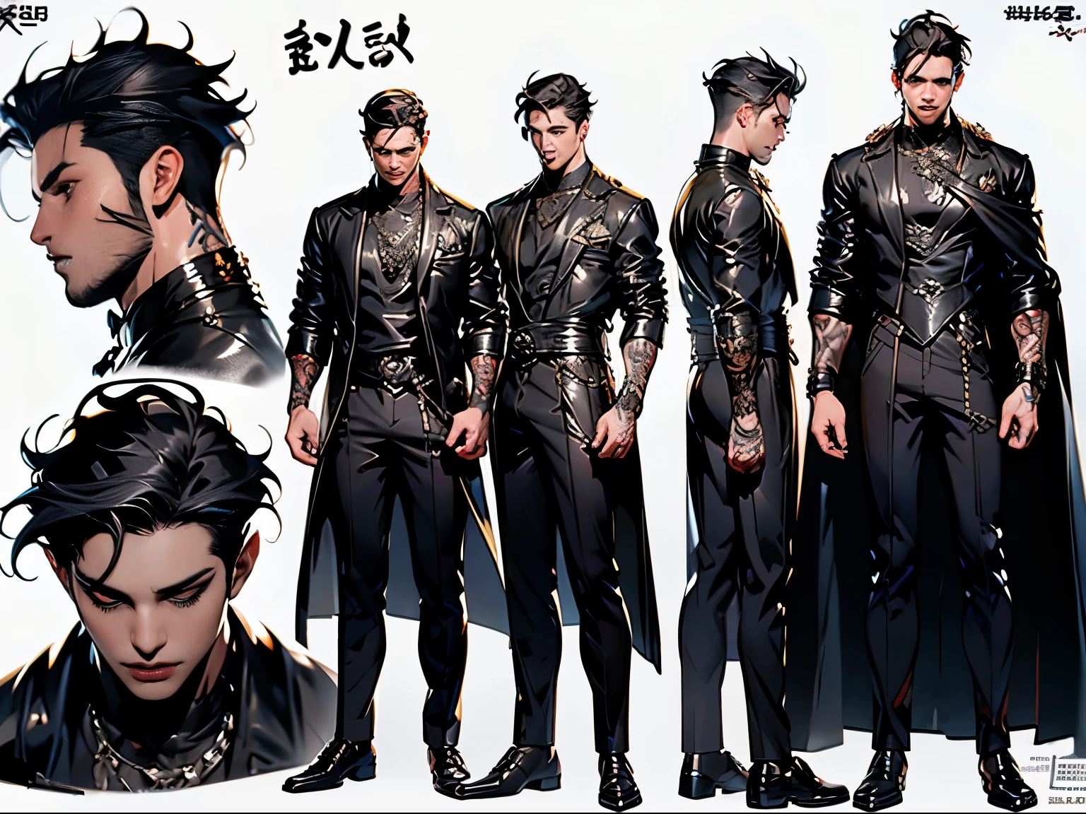 Character sheet 3 elements, full body, front and side view, handsome vampire boy, badass, 18 years old, black leather clothing, black hair, rock style, tattoos on chest and arms, perfect face