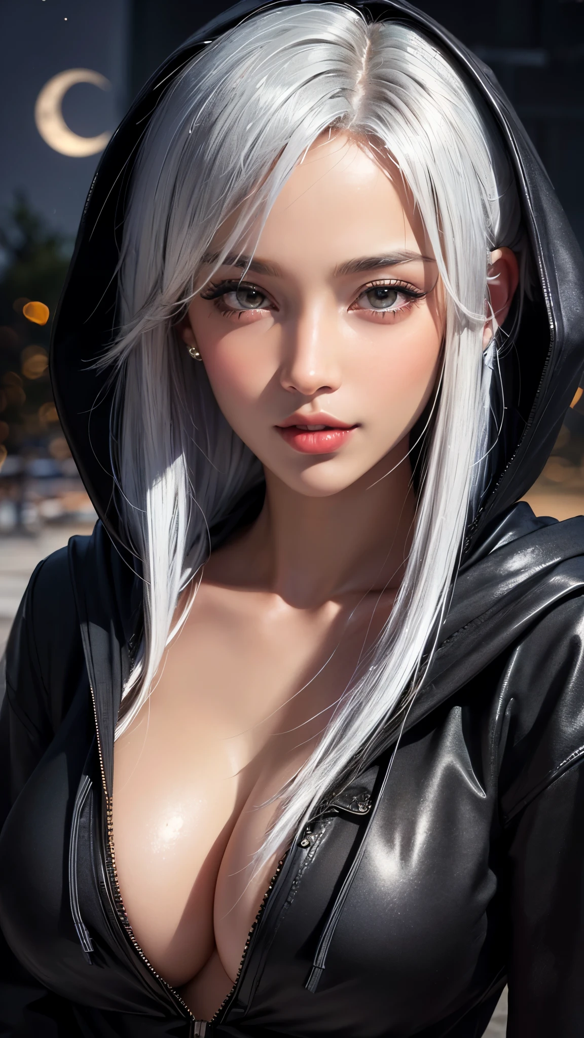 (UHD, retina, masterpiece, accurate, anatomically correct, textured skin, super detail, high details, high quality, best quality, high res, 1080P, HD, 4K, 8k, 16k), (beautiful detailed eyes, beautiful detailed lips, extremely detailed eyes and face), soft lighting, physically-based rendering, vivid colors, (large breasts:1.5), (portrait, shiny hair, shiny skin), eye reflection, (bokeh, moonlight:1.5), (black coat, wear the hood on your head, tanned skin:1.5), silver hair,