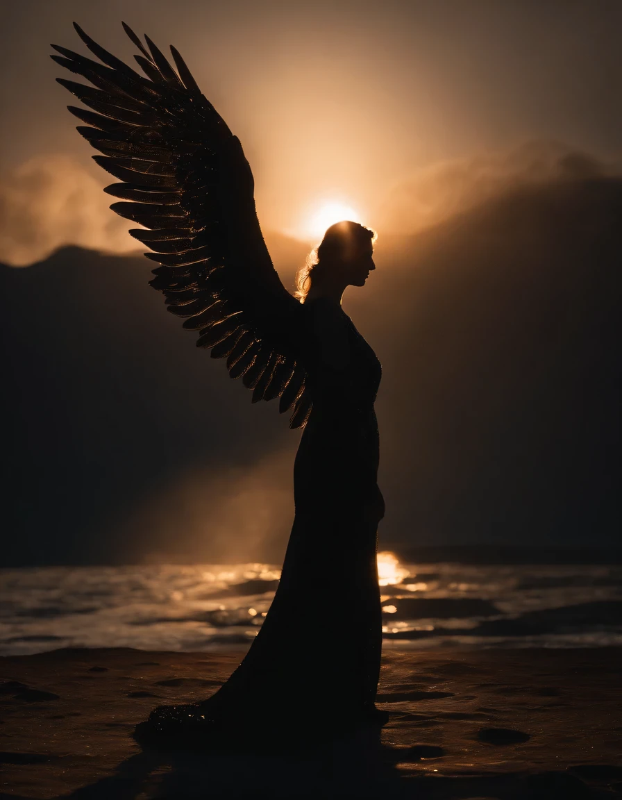 silhouette angel, magestic wings, incredibly beautiful earth, diamonds caustics, ultra-detailed, 8k, dynamic lighting