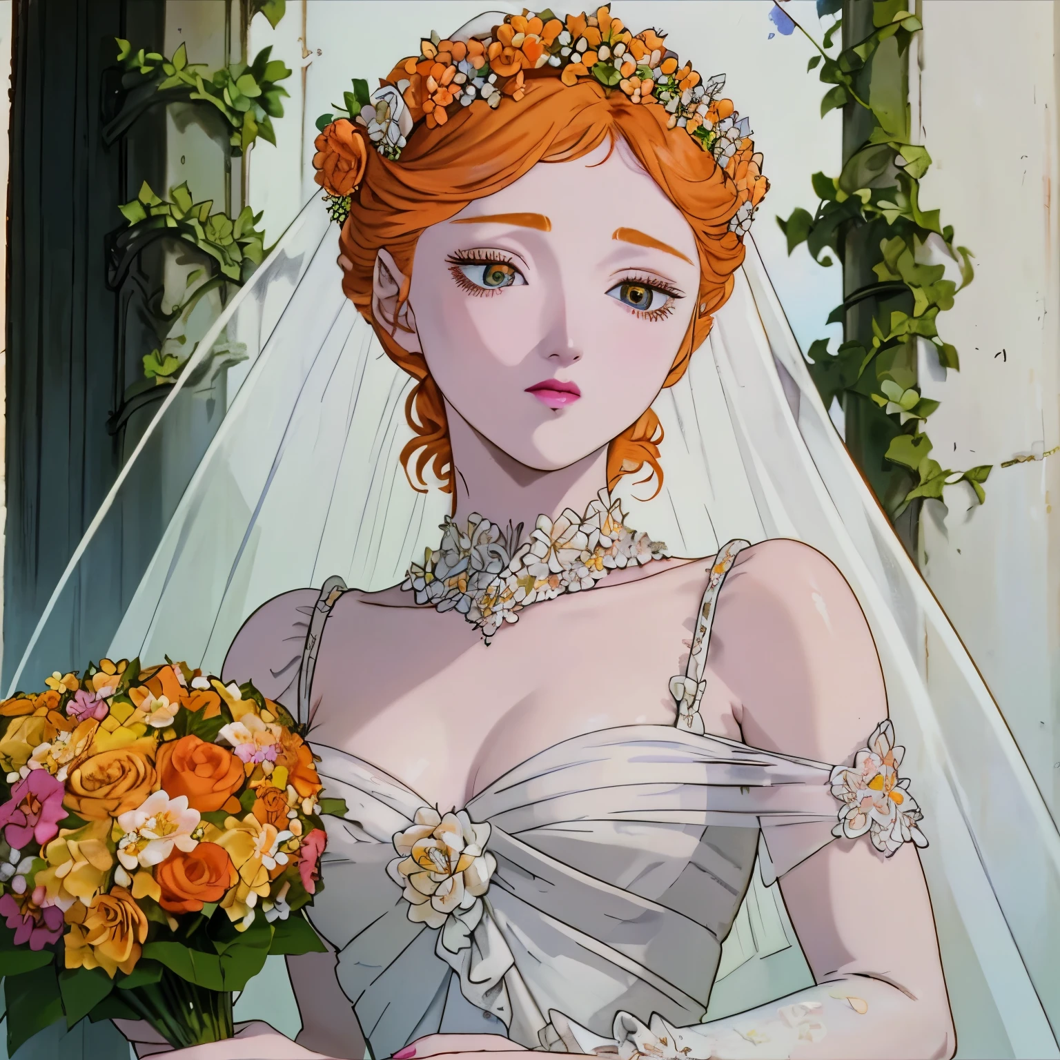 best quality,ultra-detailed,realistic,portrait,girl with orange hair,pale skin,beautiful detailed face,beautiful detailed eyes,beautiful detailed lips,long eyelashes,pale white dress,flower crown,holding a bouquet of flowers,standing in a blooming garden,vivid colors,soft lighting