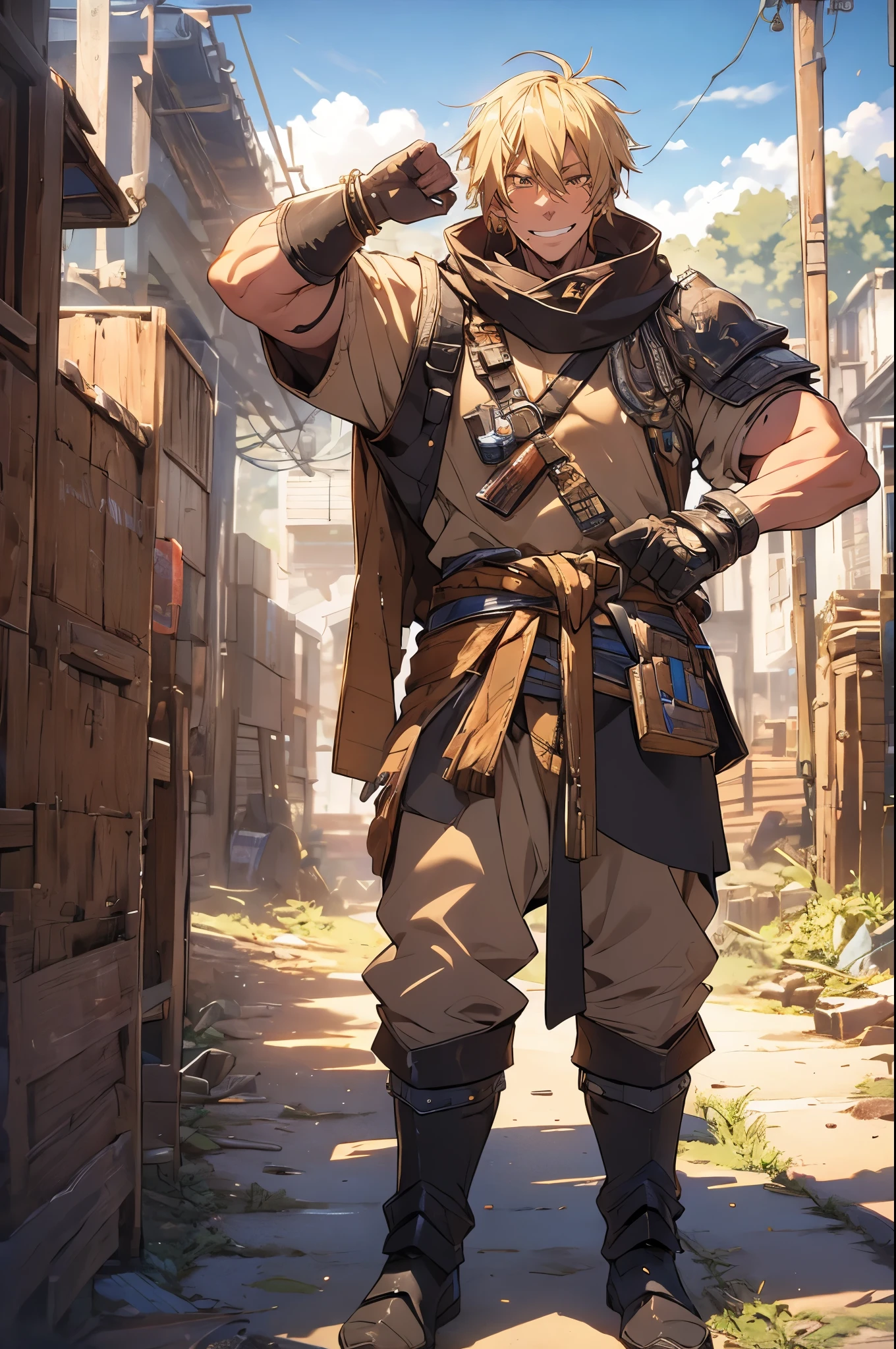 8K, Best Quality, Masterpiece, Ultra High Resolution, fantasy, guy, (medium length hair,) crystal eyes, 1man, intimidating, Blonde hair, ear piercings, medium length hair, badass, muscular build, manly, bandit guy, young man, bandit outfit, outside, out in the wastelands, industrial area, in a wasteland, badlands, bandits land, barrens, wilderness, outback, wearing a bandits outfit, tall man, very tall man, big muscles, broad shoulders, standing outside a workshop