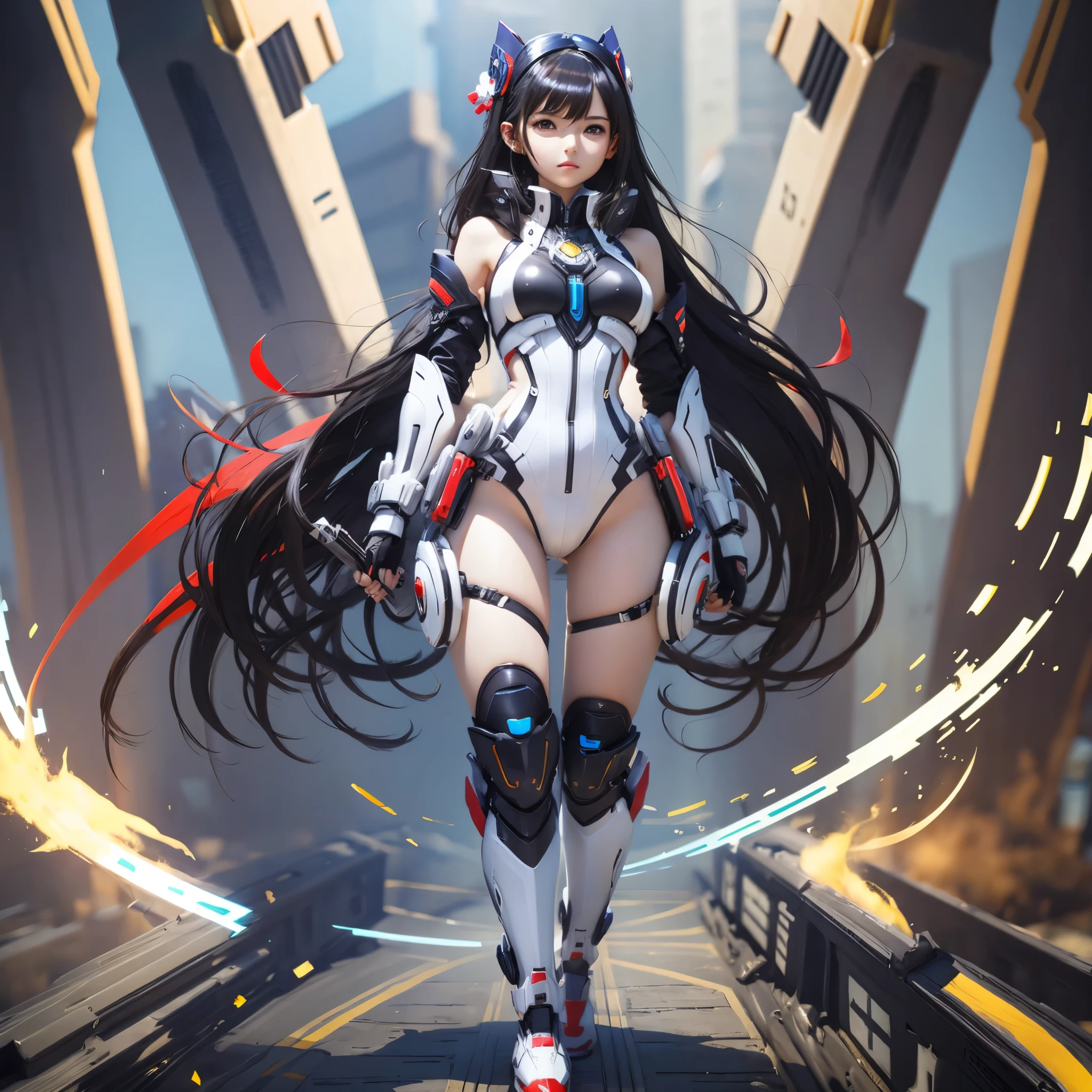 hyperdetailed anime realistic girl, black hair, white bodysuit with technology and giant guns, beautiful face, full body image, futuristic warrior, inspired by honkai impact.  --auto --s2