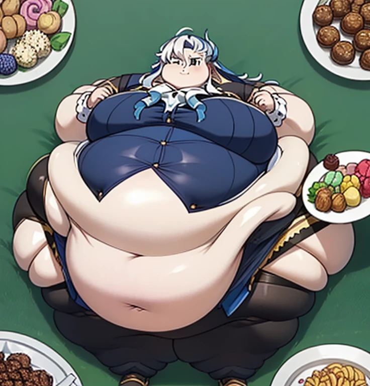 masterpiece, ((best quality)), ((Very Detailed) ,1boy, neuvillette, long hair, blue hair, suit ,ascot, Beautiful face and Eyes:1.4, sharp Eyes ,background: Candyland,(high_aesthetic), ((WeightObese:1.6)), ((Wide Hips:1.3)), ((Large Round Belly:1.5)), Thick thighs, ((Large Ass)),Embarrassed, being Surrounded by food , Sumo:1.4, Detailed face:1.4