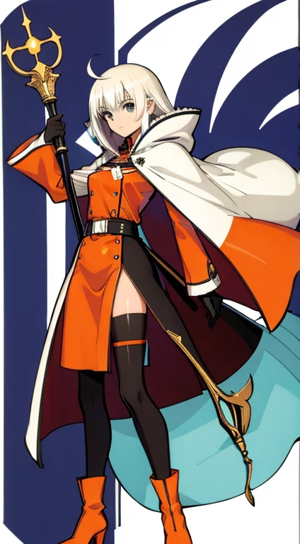 (((Best Quality))) , ((full body)), female, character design, solo, (white background), holding staff, gloves, cloak, thigh high, side slit trench skirt, blue, orange, green, violet, brown, white, colorful outfit,