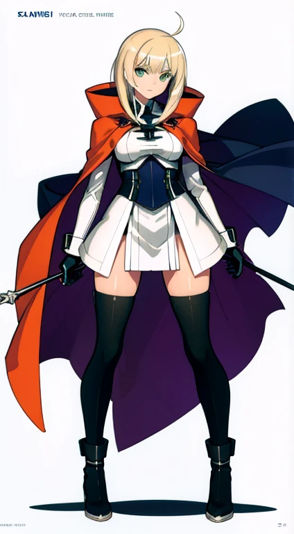 (((Best Quality))) , ((full body)), female, character design, solo, (white background), holding staff, gloves, cloak, thigh high, side slit trench skirt, blue, orange, green, violet, brown, white, colorful outfit,