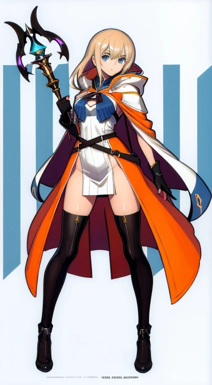 (((Best Quality))) , ((full body)), female, character design, solo, (white background), holding staff, gloves, cloak, thigh high, side slit trench skirt, blue, orange, green, violet, brown, white, colorful outfit,
