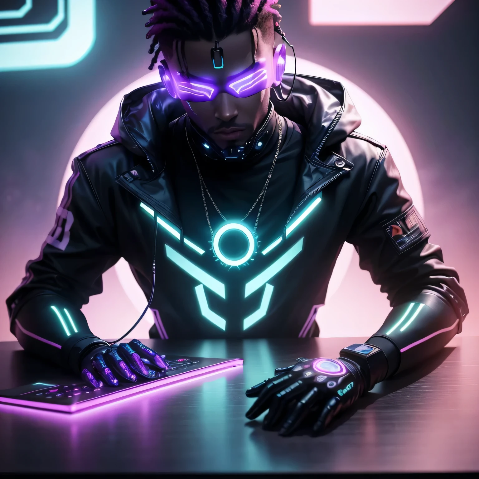 (incredible scene) male rapper wearing cyber LED mask with neon, on a table as if he were in a podcast camera positioned below the shoulder line and the man with a gloved hand on his chin and background of a cyber punk cyber city,4k, realistic, show your entire head, put mask on your mouth