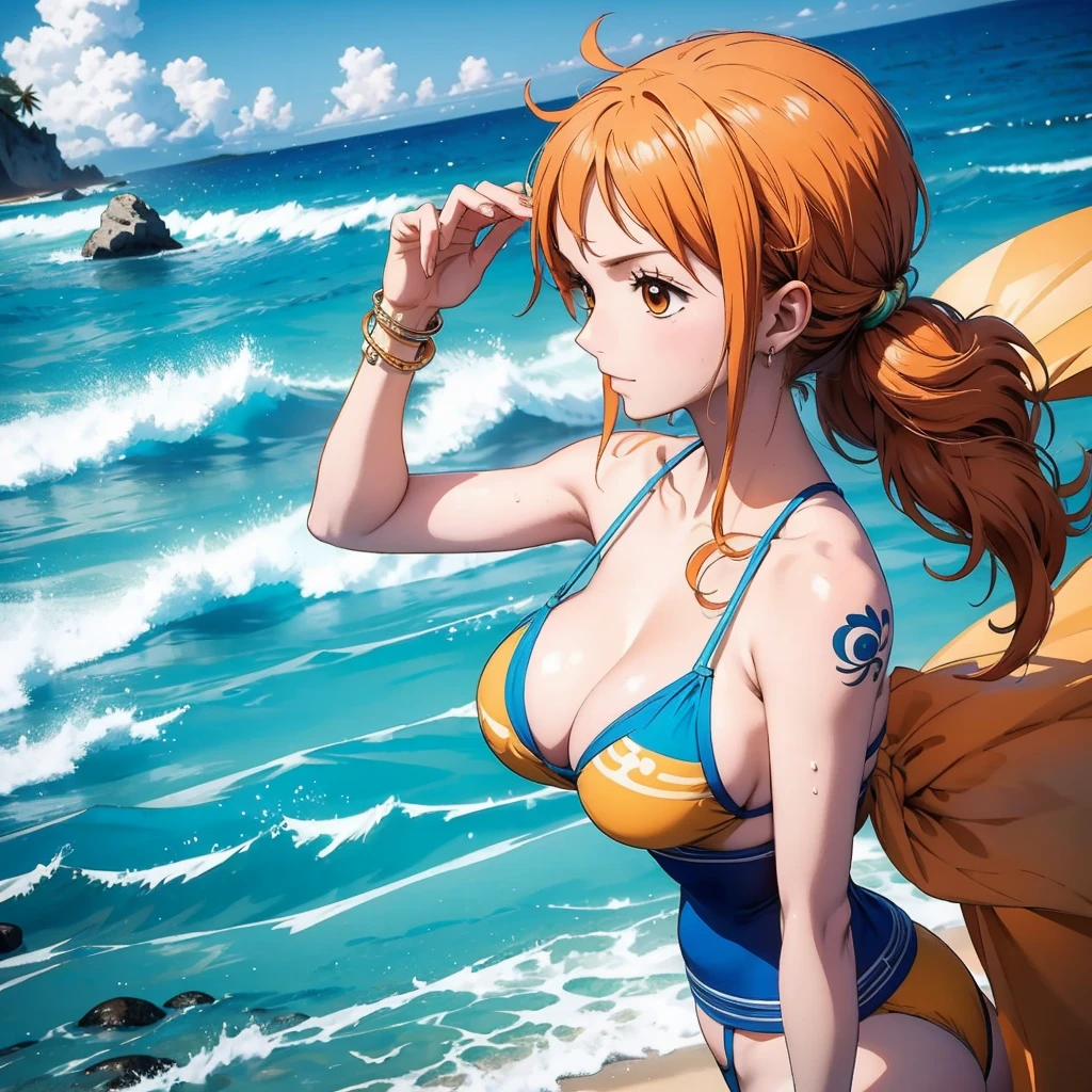nami de cabelos longos e amarrados sentada na praia