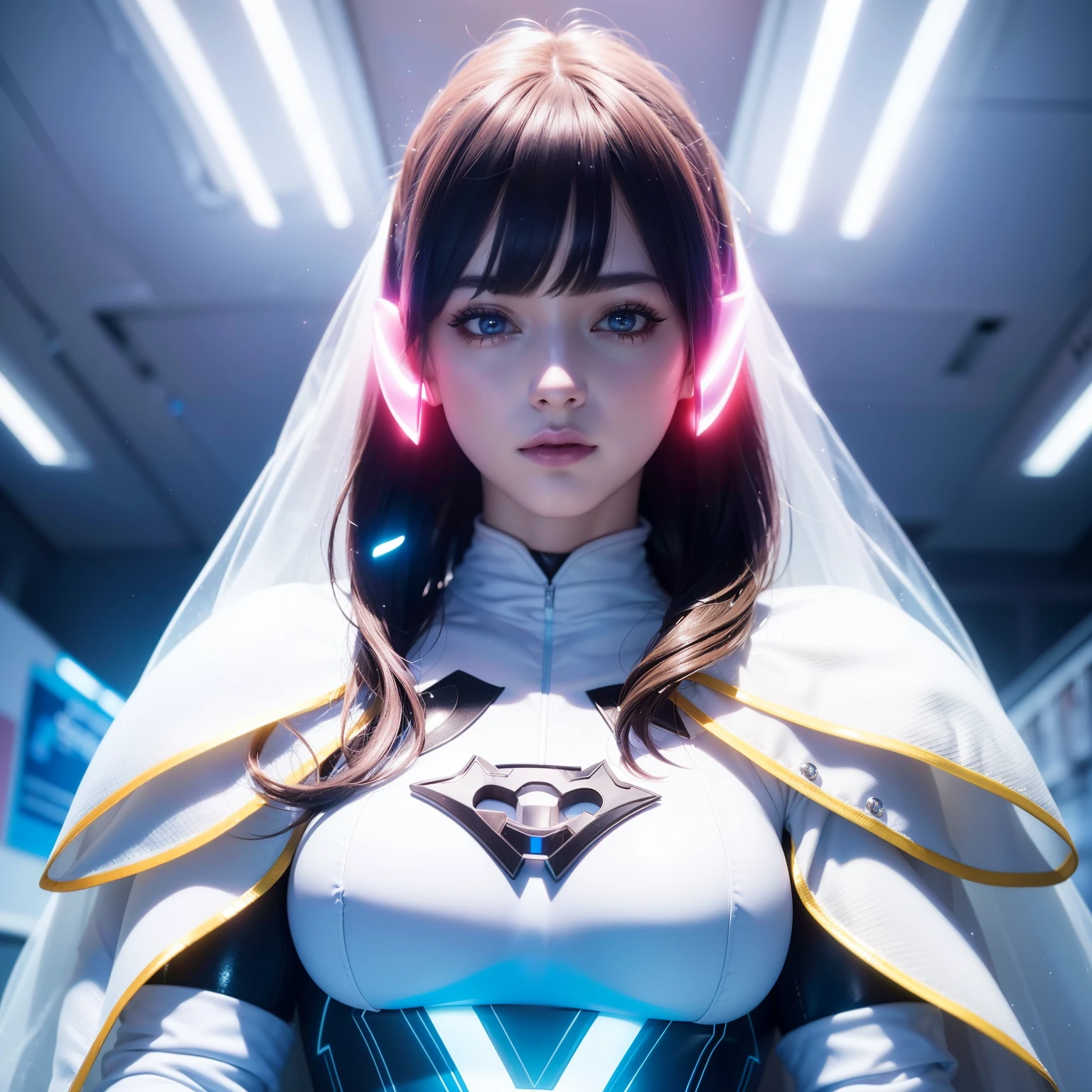 Bust to waist ((perfect beauty face)) perfect skin, hyperrealistic masterpiece, Superheroine woman ((fringe glowing colorful)) in extremely complex & superdetailed tight plugsuit ((with white cape)), sharp focus, cinematic illumination: 8k, (((neos-bridecore aesthetic style::1)))