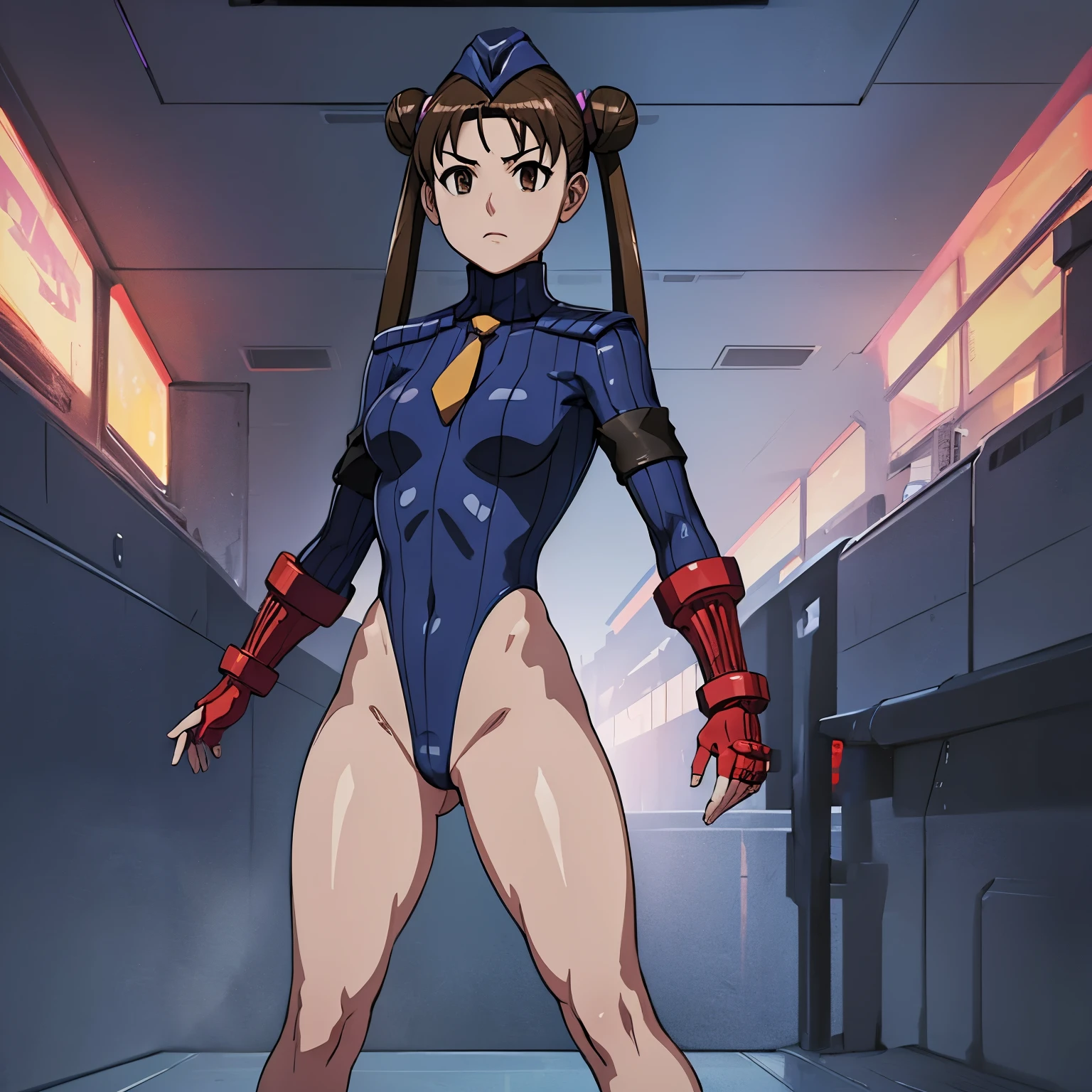 ultra-detailed, Explicit, Beautiful body, Beautiful Nose, Beautiful character design, perfect eyes, perfect face, ultra highres, 4K, beautiful legs, perfect legs, Nice hands, Perfect hand, Masterpiece, Best Quality, Highly detailed, illustration, absurdres, street fighter, doll suit, shadaloo doll, dollsuit, expressionless, blank eyes, looking at viewer, red gloves, emotionless, black latex, corrution, mind control, female combatant, full body, hypnotized, unhappy trance, full body suit, ribbed bodysuit, both arms at side, obey, perfect female body, extremely glossy latex, hypnosis, hypnoLora, empty eyes, Mind control device, poses, submissive_pose, Slave, hat, necktie, standing, standing up straight, Standing at attention, hat, yellow necktie, belt, latex, ribbed bodysuit, thighhighs, garter belt, Fighting Stance, nazi saluting, military, military saluting, salute, thigh boots, solo, blood on shirt, blood on hand, blood on clothes, blood on face, blood, blood on arm, blood on cheek, blood on leg, gun, holding gun, gun in hand, Stellvia of the Universe, Katase Shima, brown hair, twin tails, bun, brown eyes