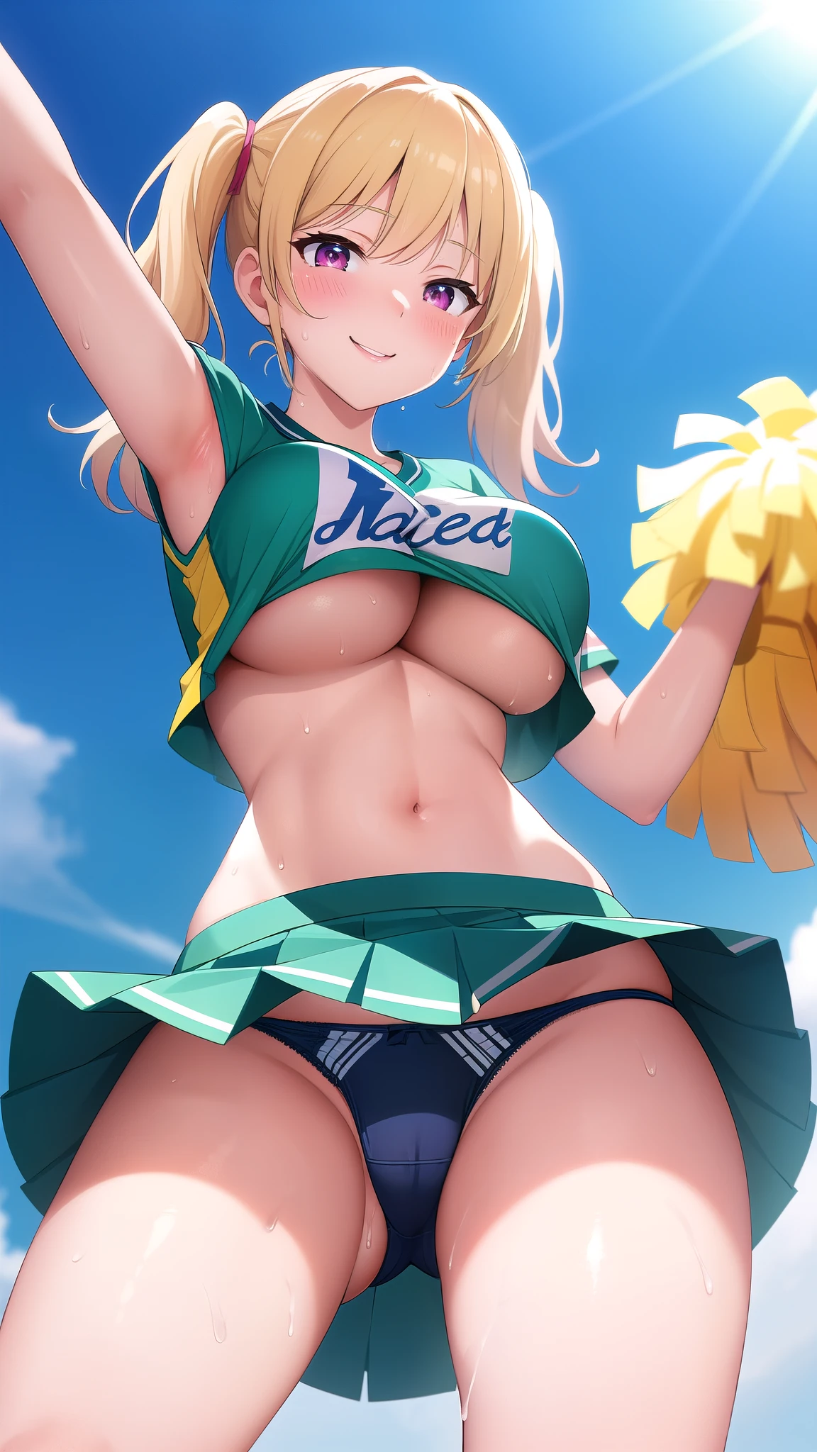(best quality:1.5, highres, UHD, 4K, detailed lighting, shaders), blonde pigtails, ?????????????, thighs, ??????, cheerleader outfit, crop top, skirt, ????, ??????, ????, seductive, perverted, ??????, ????????, smiling, blushing:1.4, skirt lift, panties, shirt lift, underboobs, jumping, from below view, sweaty:1.3, hands up, armpits, close shot, field background